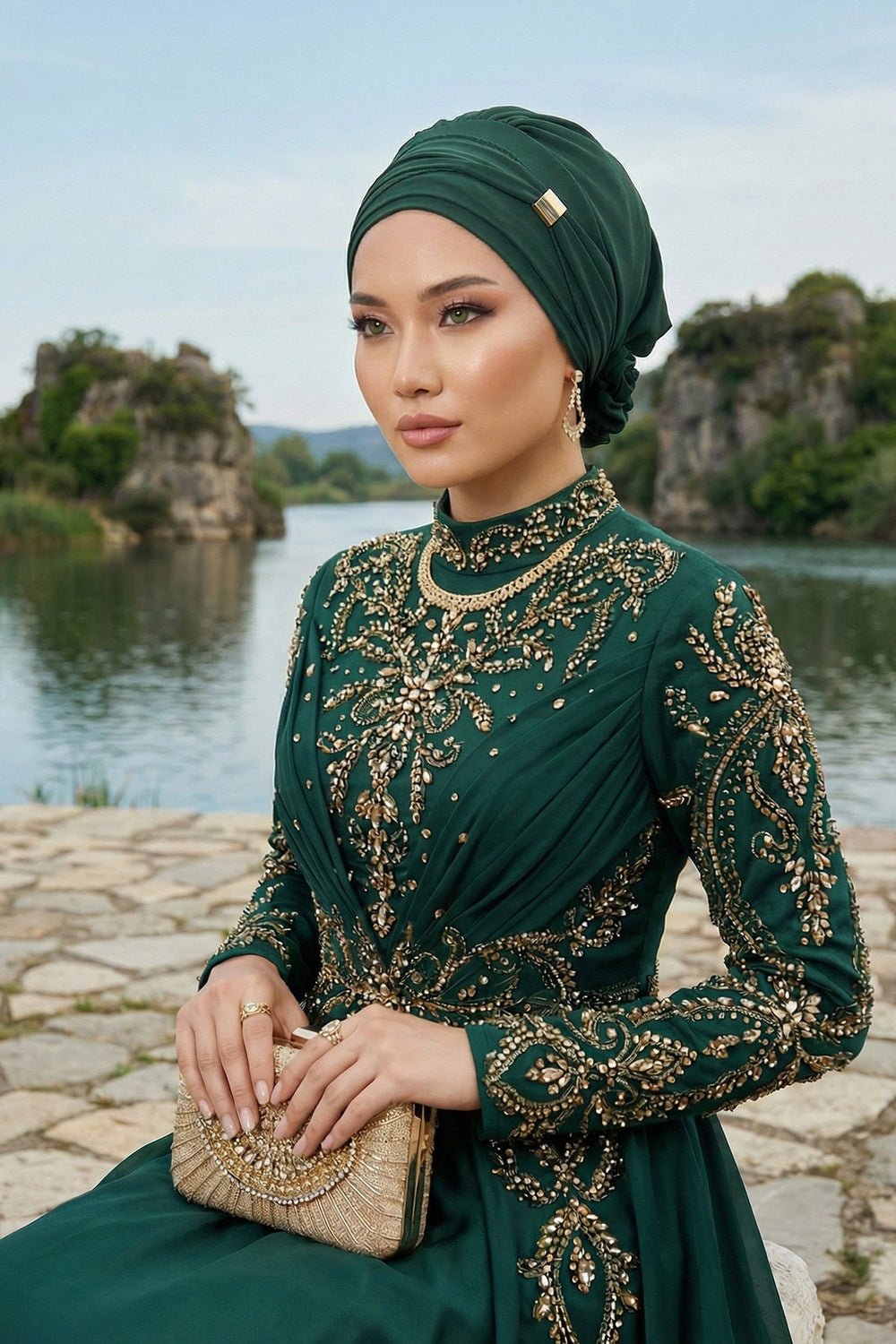 Chiffon Instant Turban with Sleek Gold Accent, Pre-Tied Hijab Cap for Women, Elegant Ready-to-Wear Modest Headwrap,HT-95S Dark Green