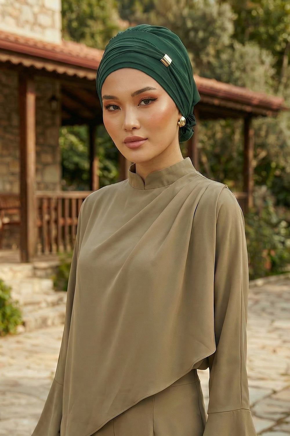 Chiffon Instant Turban with Sleek Gold Accent, Pre-Tied Hijab Cap for Women, Elegant Ready-to-Wear Modest Headwrap,HT-95S Dark Green