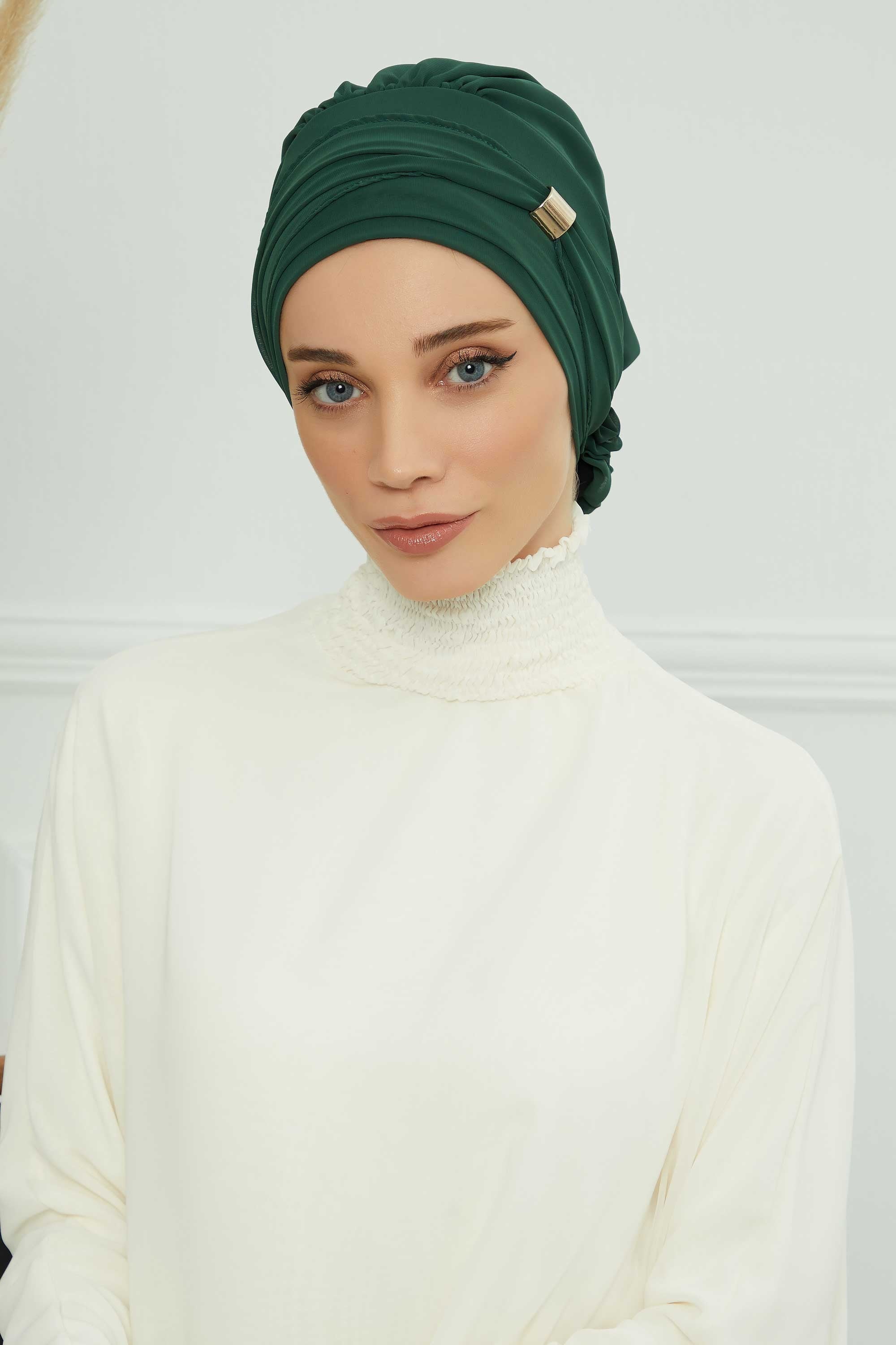 Chiffon Instant Turban with Sleek Gold Accent, Pre-Tied Hijab Cap for Women, Elegant Ready-to-Wear Modest Headwrap,HT-95S Dark Green