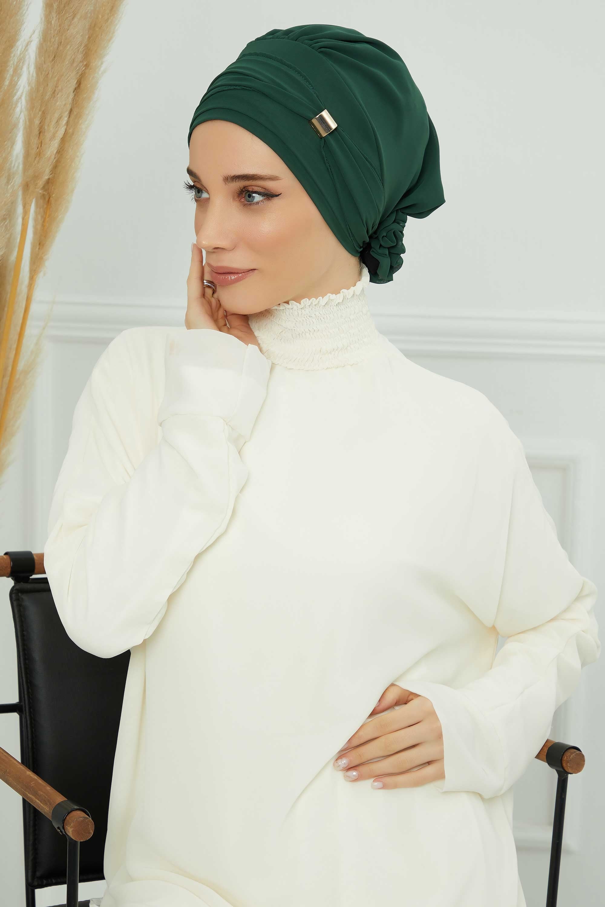 Chiffon Instant Turban with Sleek Gold Accent, Pre-Tied Hijab Cap for Women, Elegant Ready-to-Wear Modest Headwrap,HT-95S Dark Green