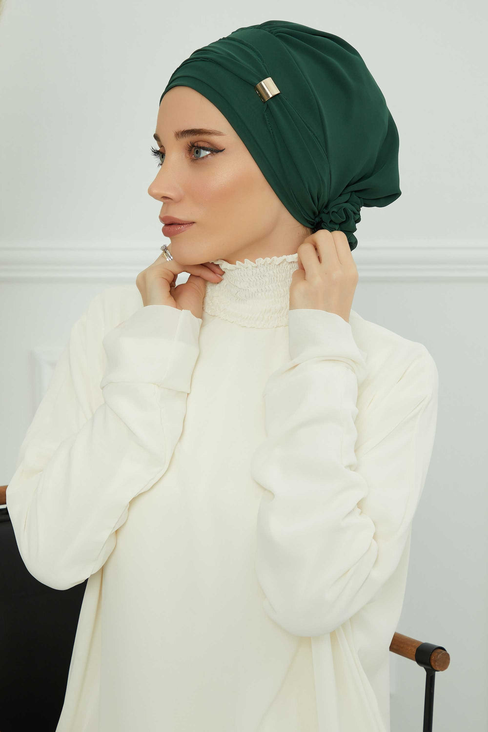 Chiffon Instant Turban with Sleek Gold Accent, Pre-Tied Hijab Cap for Women, Elegant Ready-to-Wear Modest Headwrap,HT-95S Dark Green