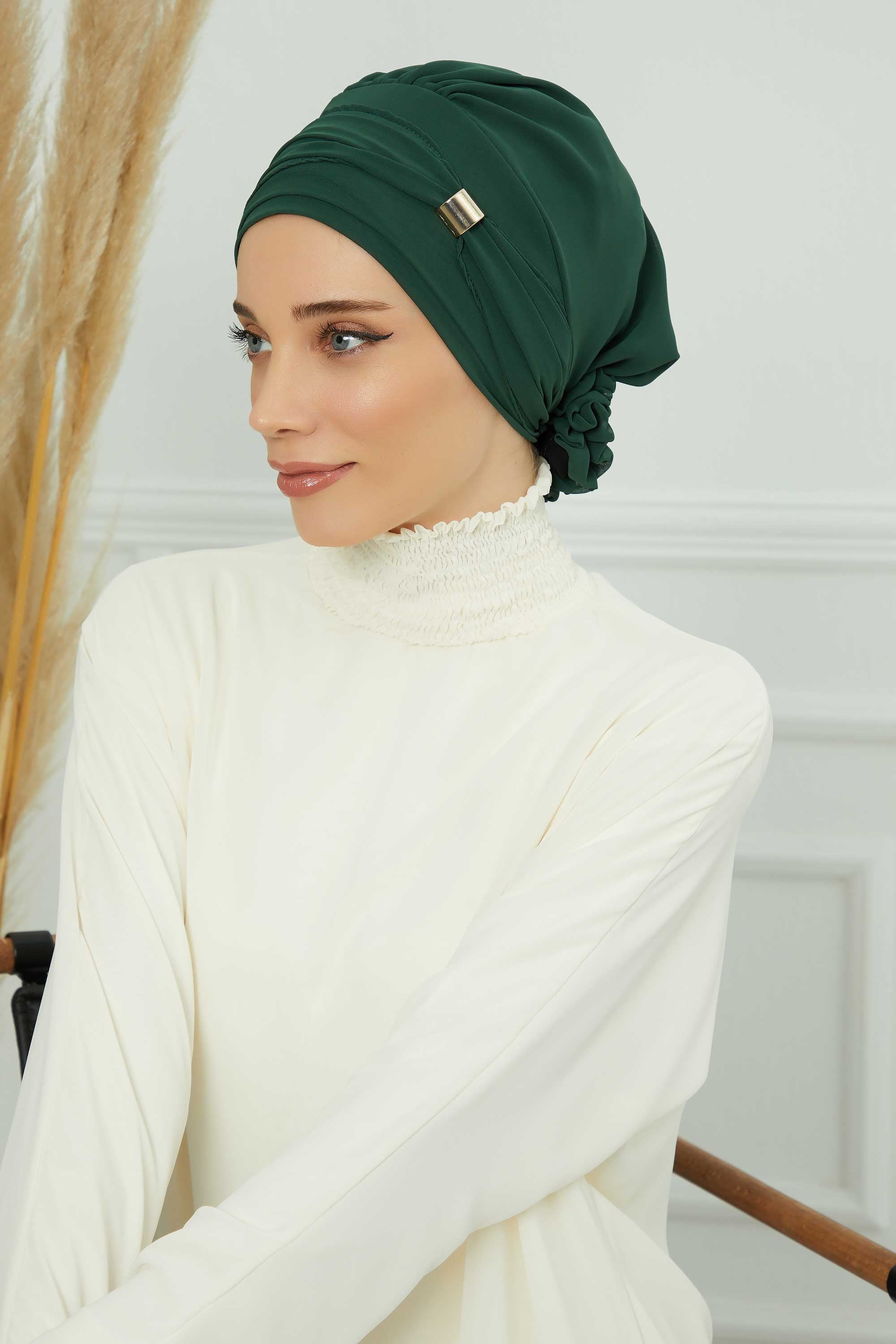Chiffon Instant Turban with Sleek Gold Accent, Pre-Tied Hijab Cap for Women, Elegant Ready-to-Wear Modest Headwrap,HT-95S Dark Green