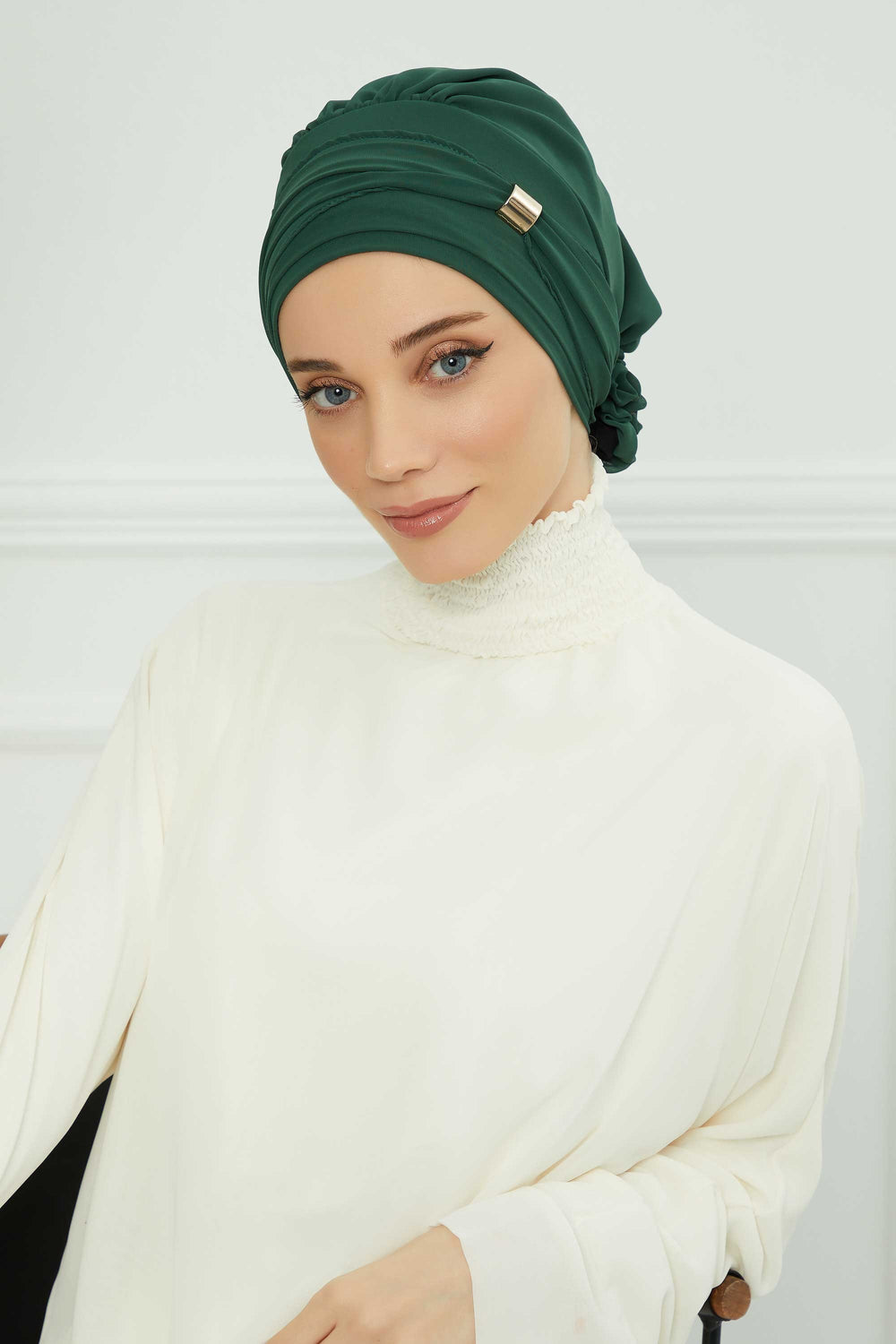 Chiffon Instant Turban with Sleek Gold Accent, Pre-Tied Hijab Cap for Women, Elegant Ready-to-Wear Modest Headwrap,HT-95S Dark Green