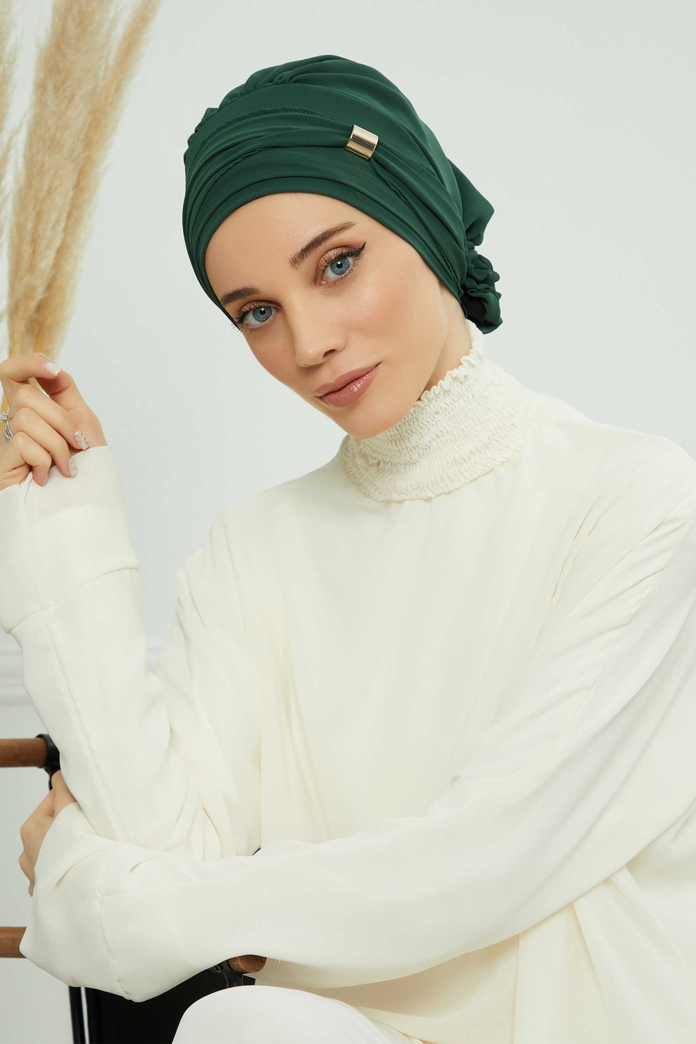 Chiffon Instant Turban with Sleek Gold Accent, Pre-Tied Hijab Cap for Women, Elegant Ready-to-Wear Modest Headwrap,HT-95S Dark Green