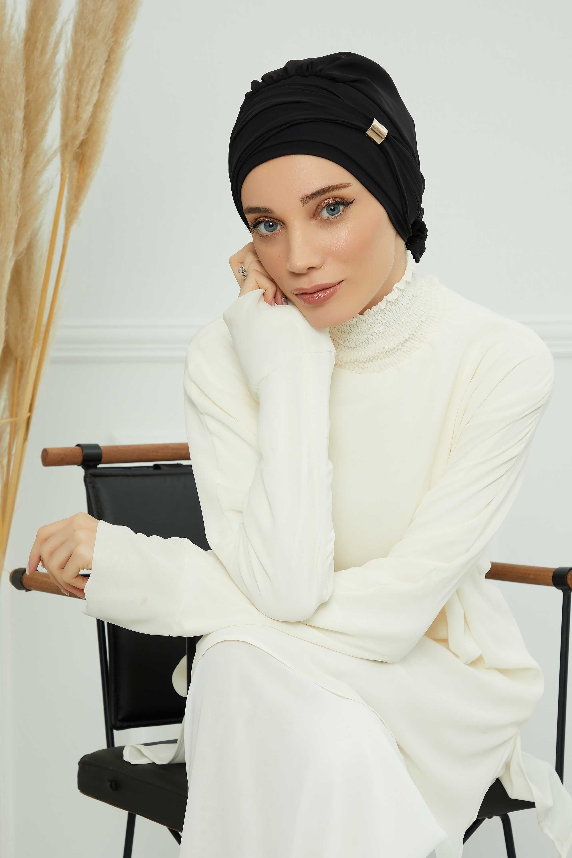 Chiffon Instant Turban with Sleek Gold Accent, Pre-Tied Hijab Cap for Women, Elegant Ready-to-Wear Modest Headwrap,HT-95S Black