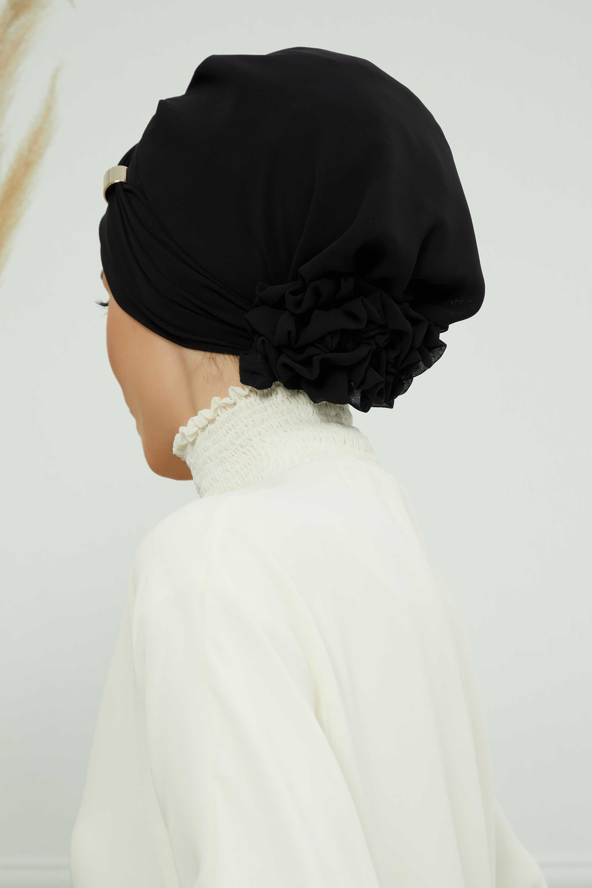 Chiffon Instant Turban with Sleek Gold Accent, Pre-Tied Hijab Cap for Women, Elegant Ready-to-Wear Modest Headwrap,HT-95S Black