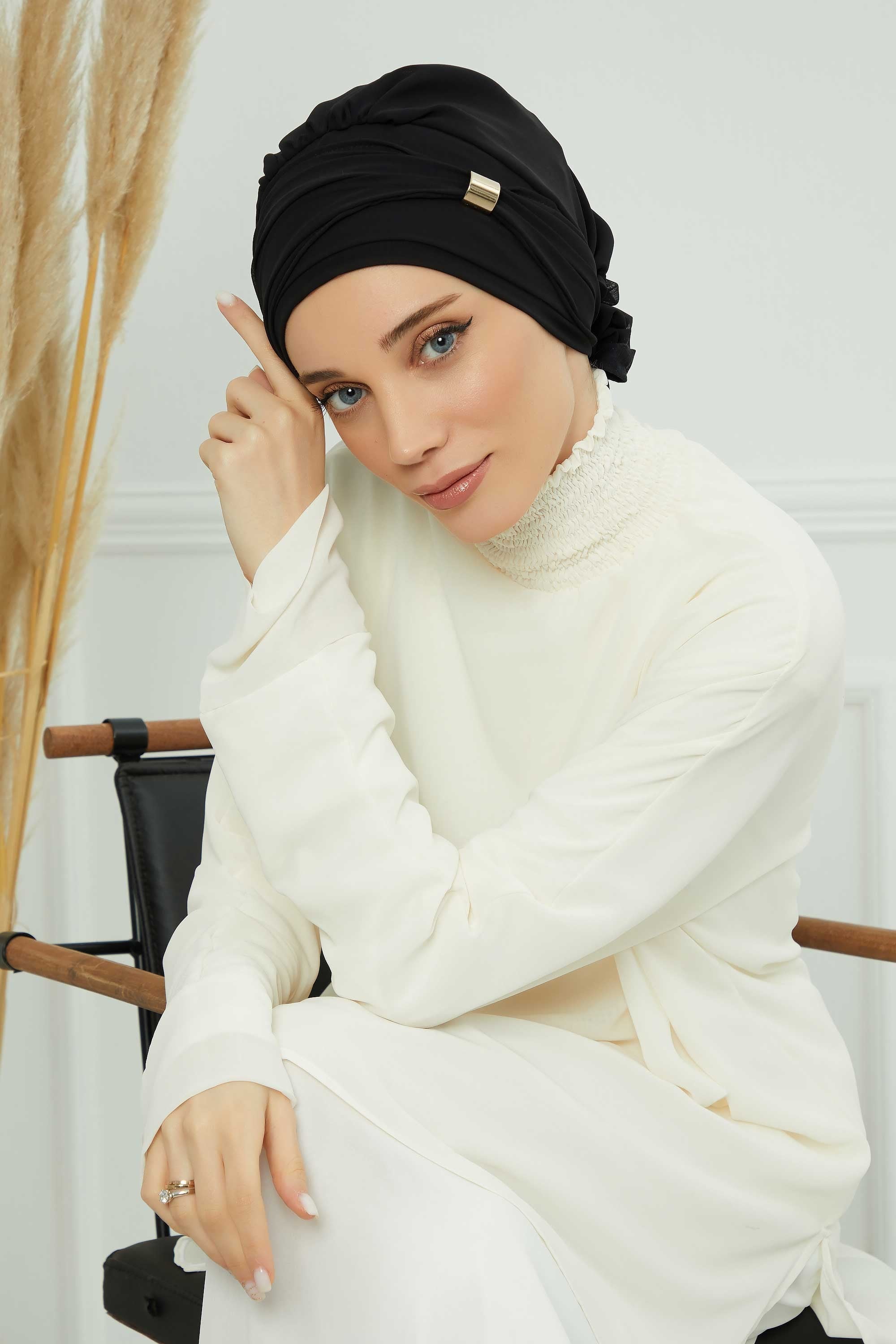 Chiffon Instant Turban with Sleek Gold Accent, Pre-Tied Hijab Cap for Women, Elegant Ready-to-Wear Modest Headwrap,HT-95S Black