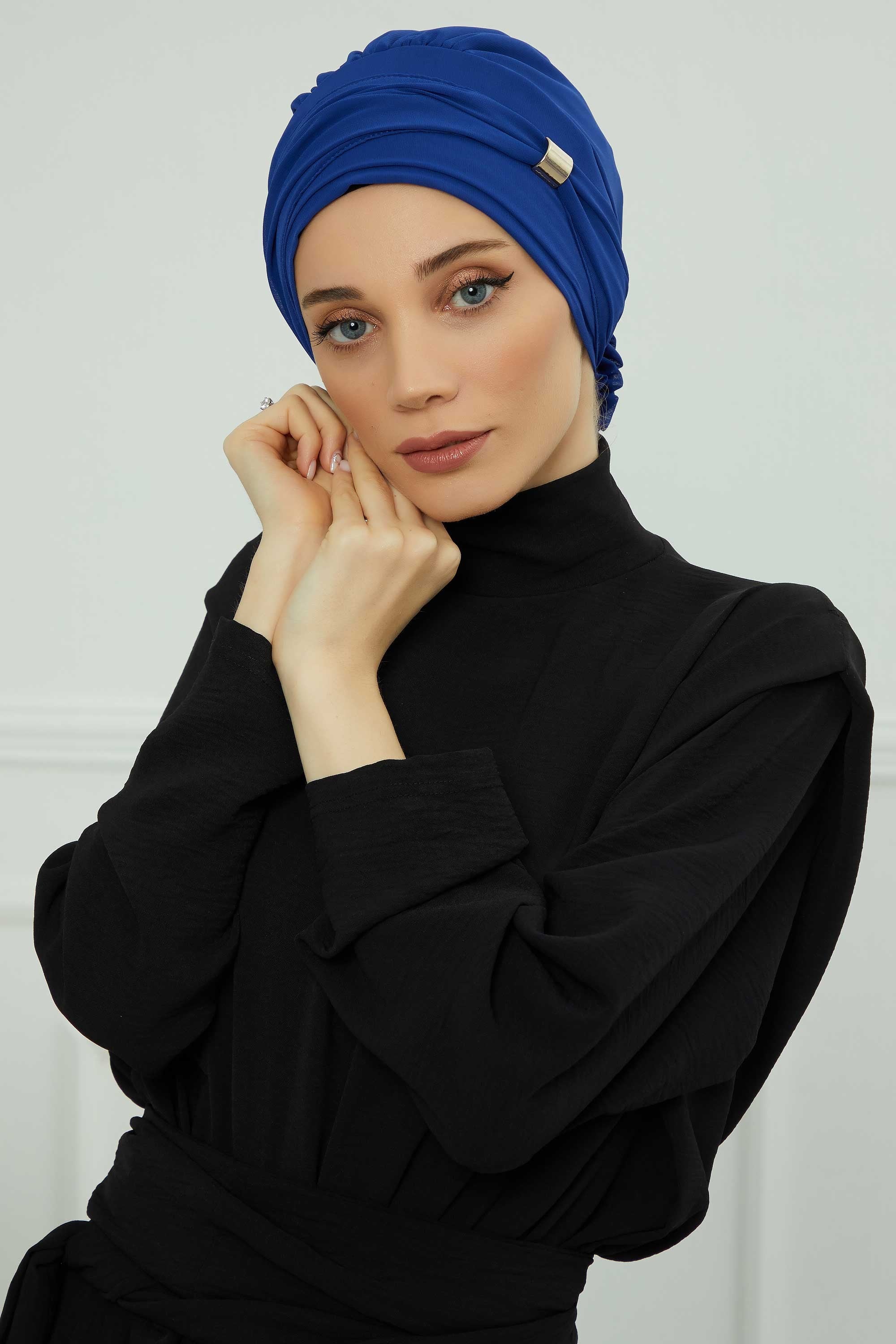 Chiffon Instant Turban with Sleek Gold Accent, Pre-Tied Hijab Cap for Women, Elegant Ready-to-Wear Modest Headwrap,HT-95S Sax Blue