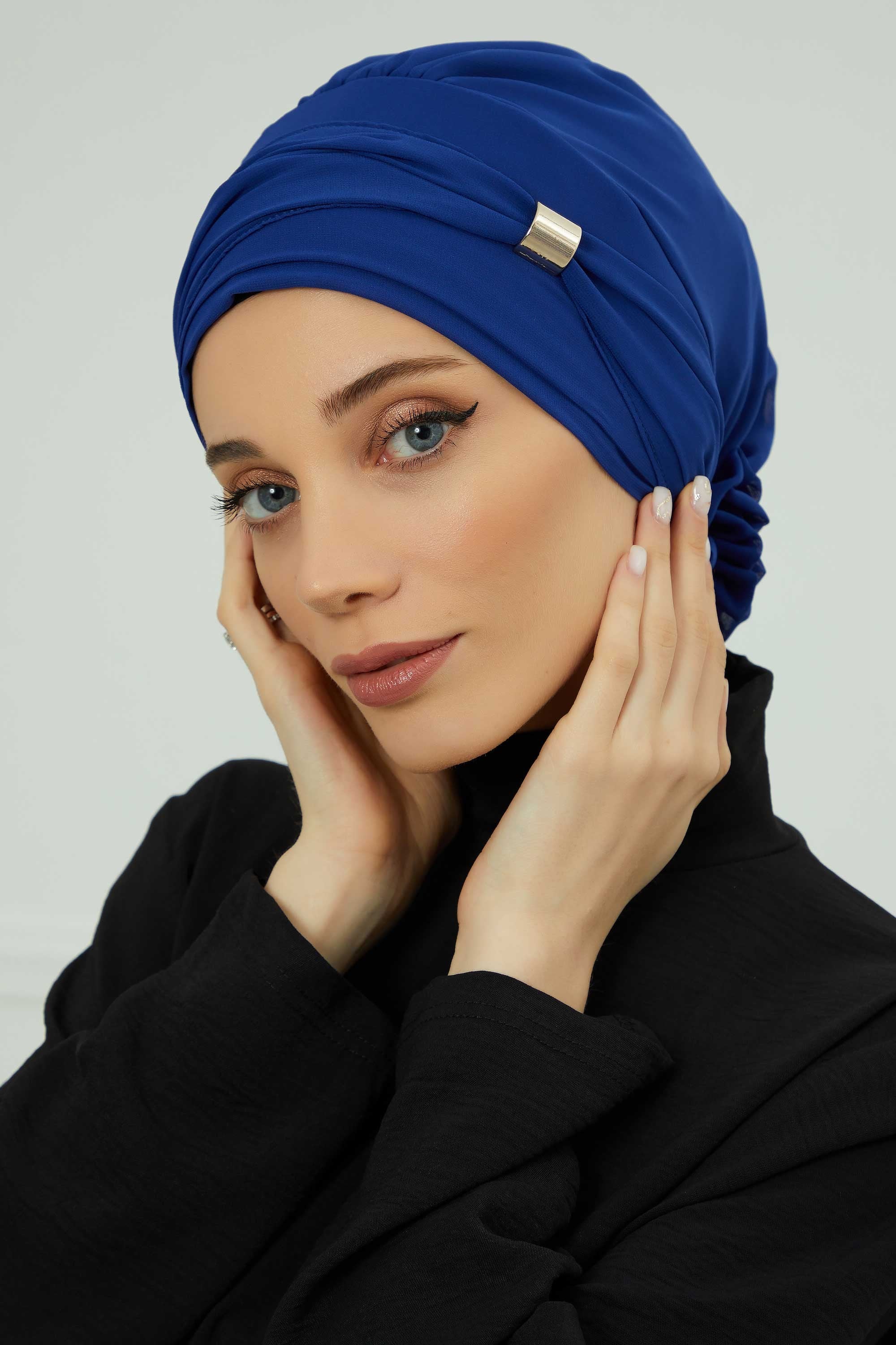 Chiffon Instant Turban with Sleek Gold Accent, Pre-Tied Hijab Cap for Women, Elegant Ready-to-Wear Modest Headwrap,HT-95S Sax Blue