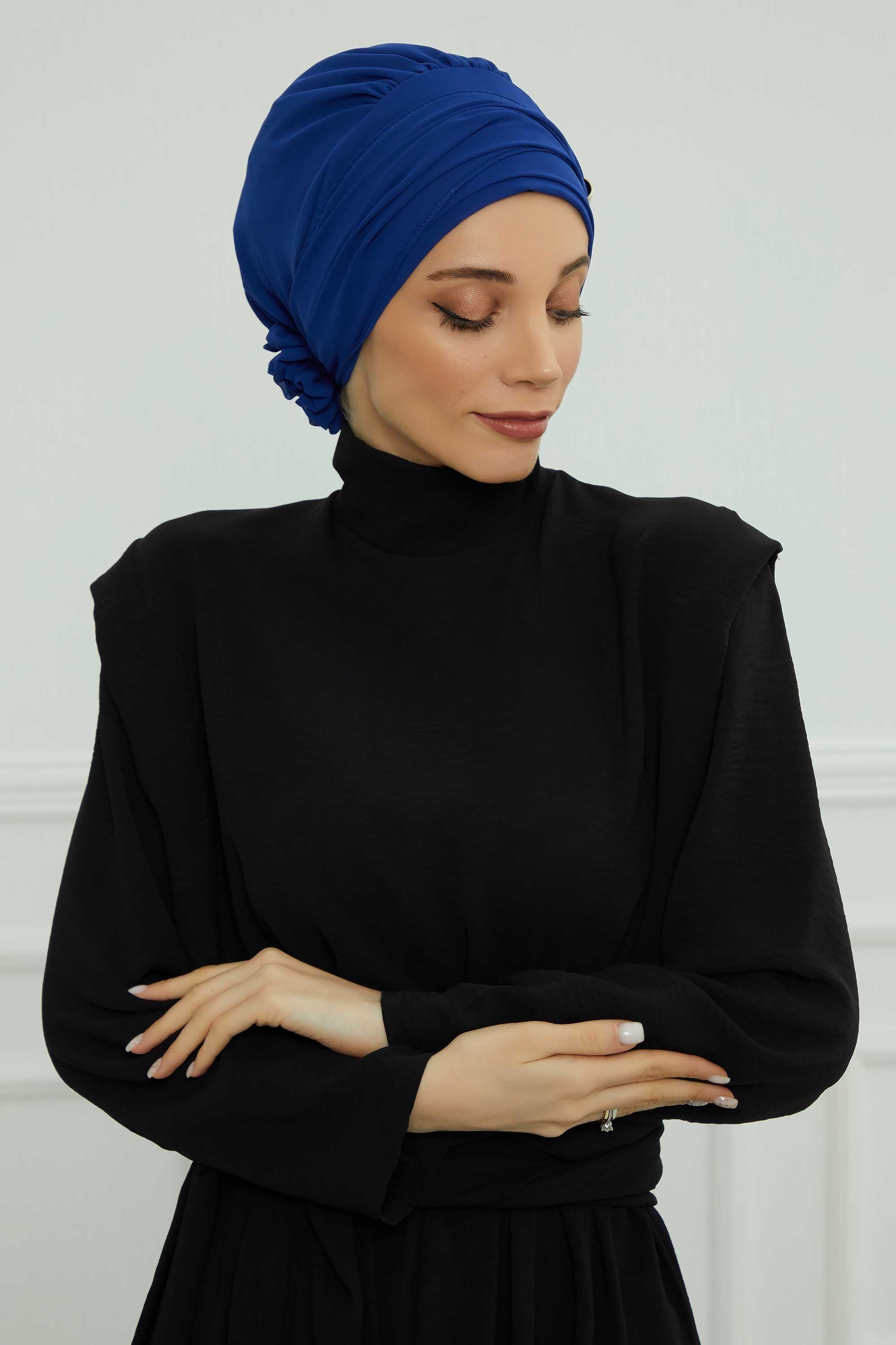 Chiffon Instant Turban with Sleek Gold Accent, Pre-Tied Hijab Cap for Women, Elegant Ready-to-Wear Modest Headwrap,HT-95S Sax Blue