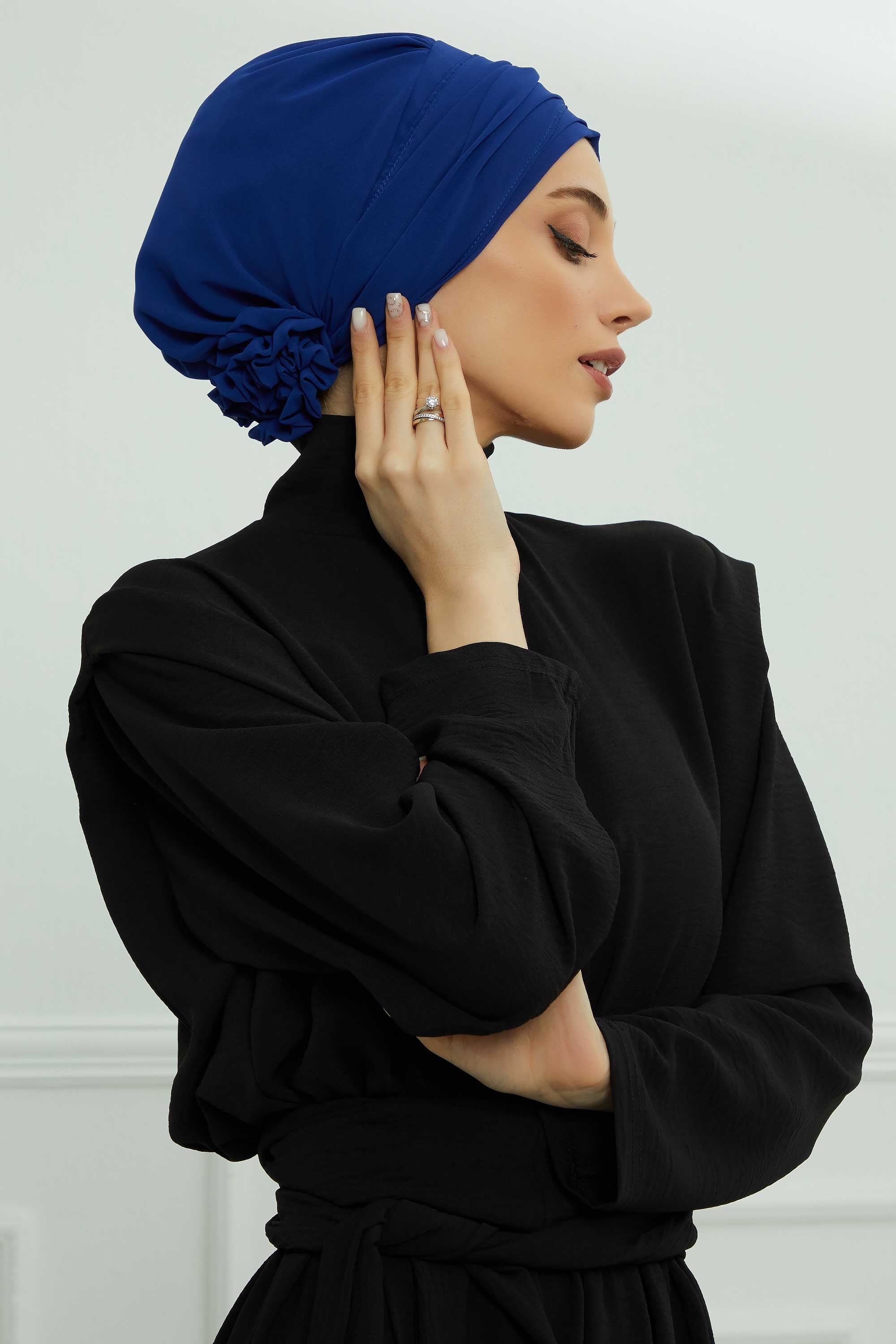 Chiffon Instant Turban with Sleek Gold Accent, Pre-Tied Hijab Cap for Women, Elegant Ready-to-Wear Modest Headwrap,HT-95S Sax Blue