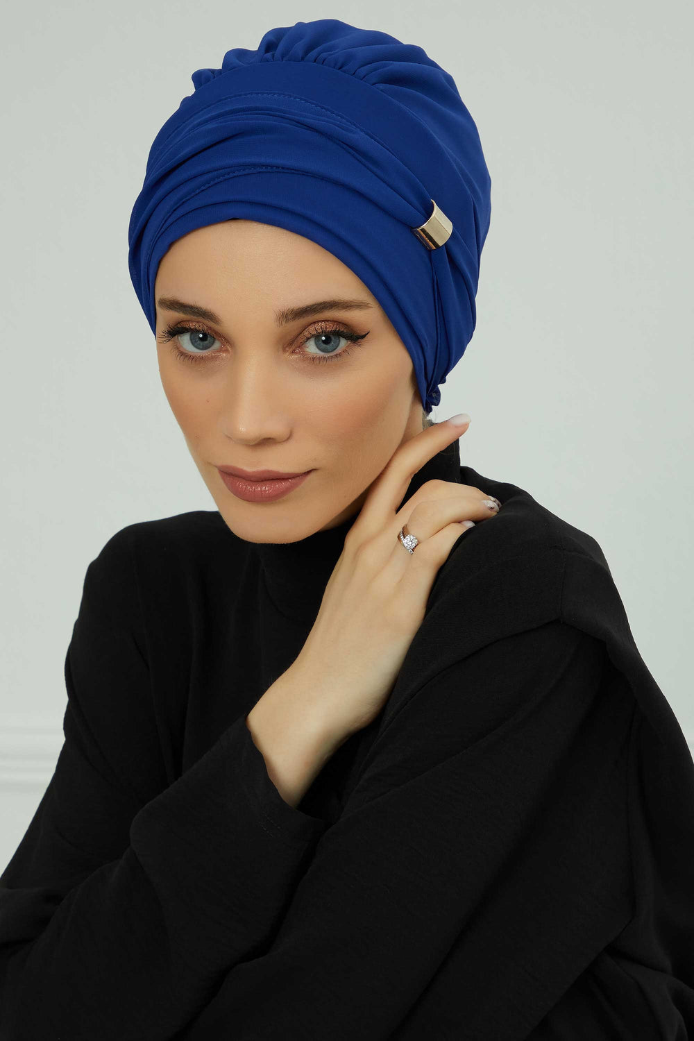 Chiffon Instant Turban with Sleek Gold Accent, Pre-Tied Hijab Cap for Women, Elegant Ready-to-Wear Modest Headwrap,HT-95S Sax Blue