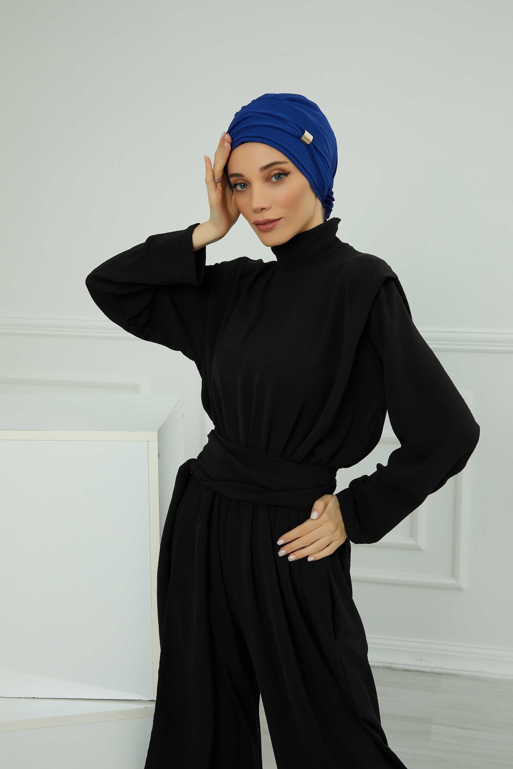 Chiffon Instant Turban with Sleek Gold Accent, Pre-Tied Hijab Cap for Women, Elegant Ready-to-Wear Modest Headwrap,HT-95S Sax Blue