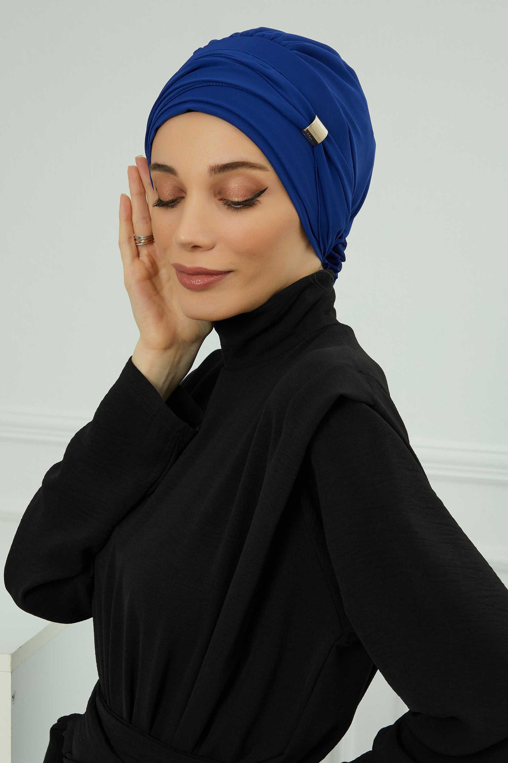 Chiffon Instant Turban with Sleek Gold Accent, Pre-Tied Hijab Cap for Women, Elegant Ready-to-Wear Modest Headwrap,HT-95S Sax Blue