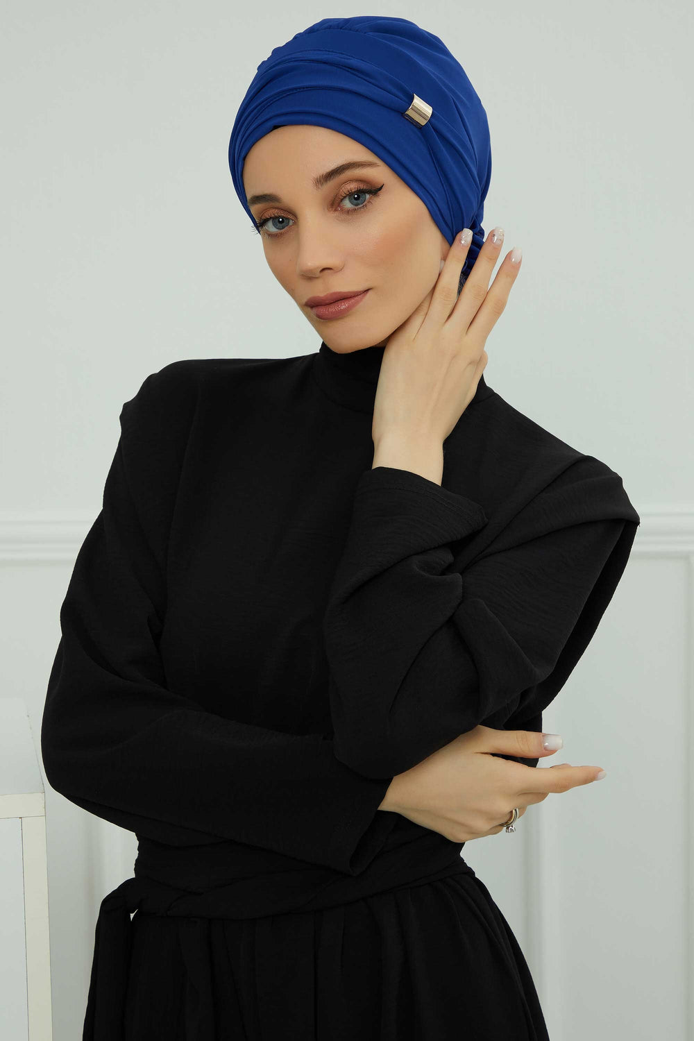 Chiffon Instant Turban with Sleek Gold Accent, Pre-Tied Hijab Cap for Women, Elegant Ready-to-Wear Modest Headwrap,HT-95S Sax Blue