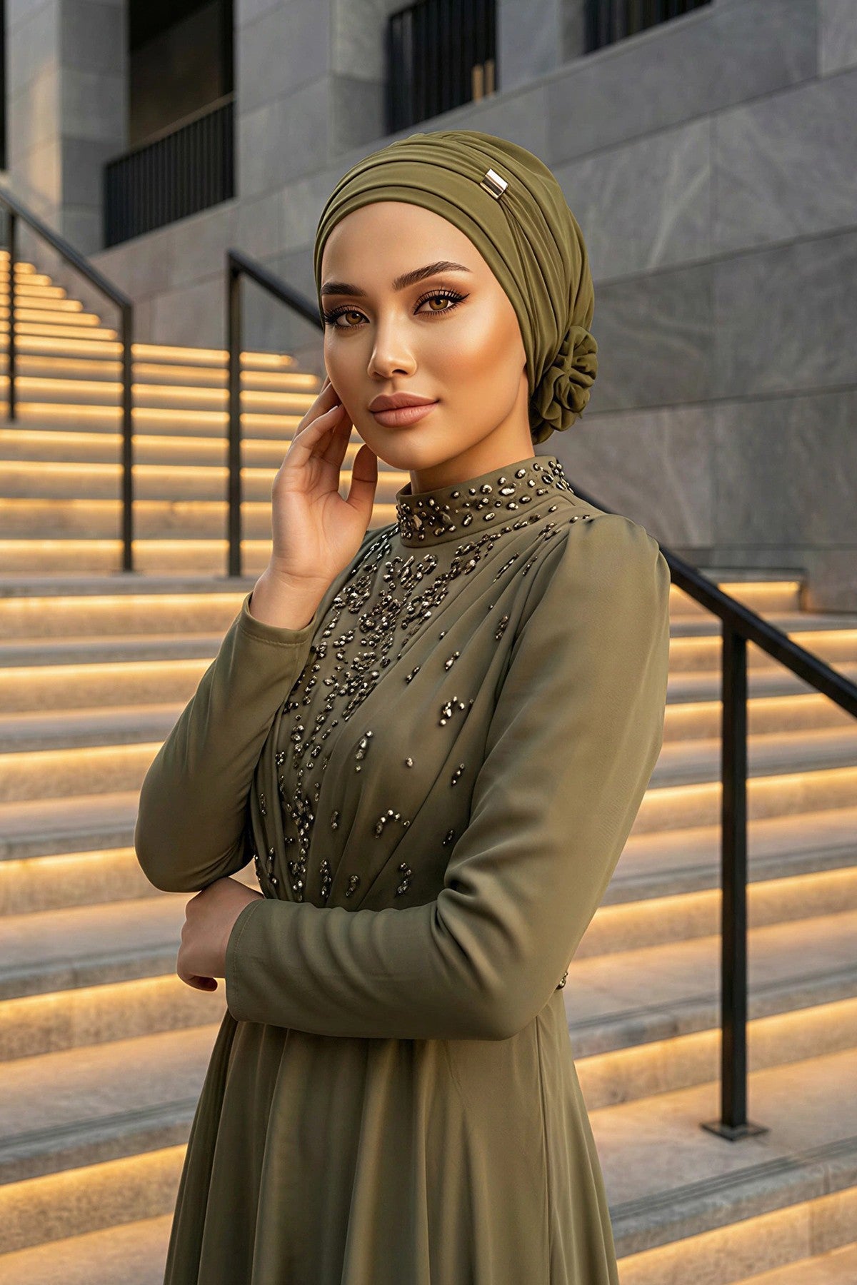 Chiffon Instant Turban with Sleek Gold Accent, Pre-Tied Hijab Cap for Women, Elegant Ready-to-Wear Modest Headwrap,HT-95S Army Green