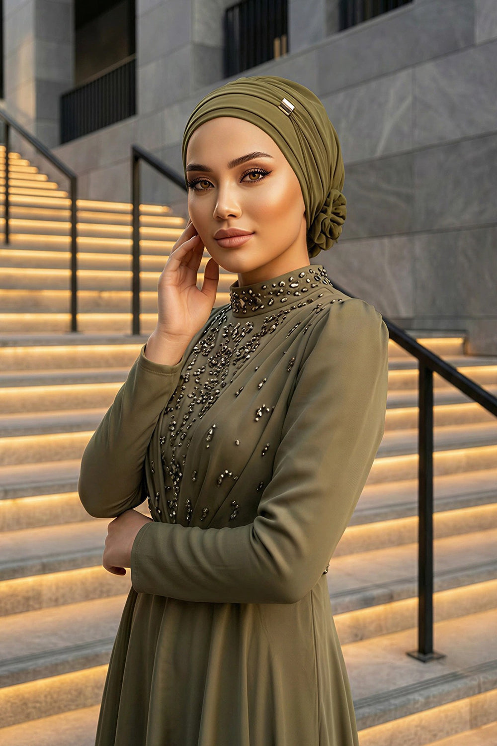 Chiffon Instant Turban with Sleek Gold Accent, Pre-Tied Hijab Cap for Women, Elegant Ready-to-Wear Modest Headwrap,HT-95S Army Green