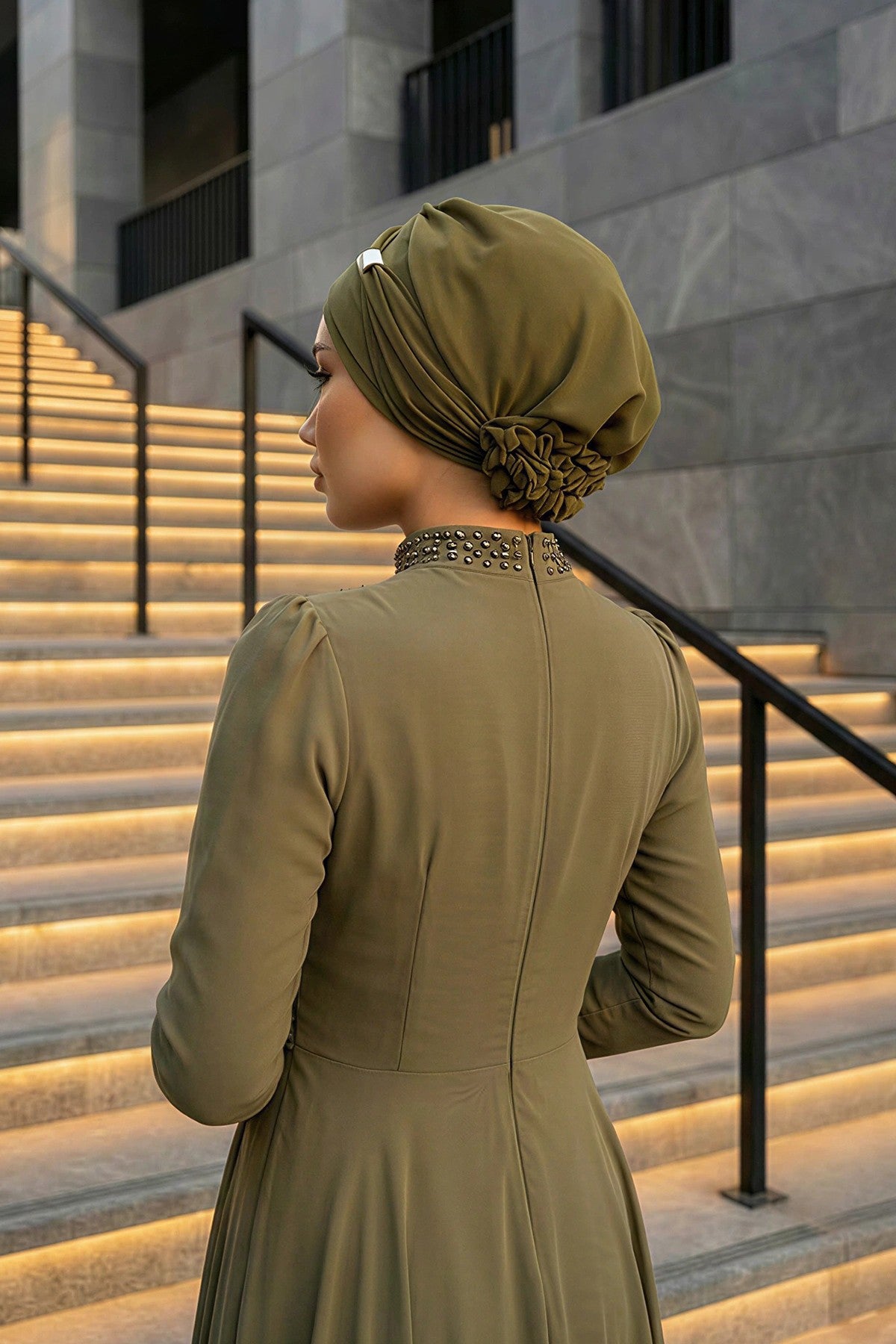 Chiffon Instant Turban with Sleek Gold Accent, Pre-Tied Hijab Cap for Women, Elegant Ready-to-Wear Modest Headwrap,HT-95S Army Green