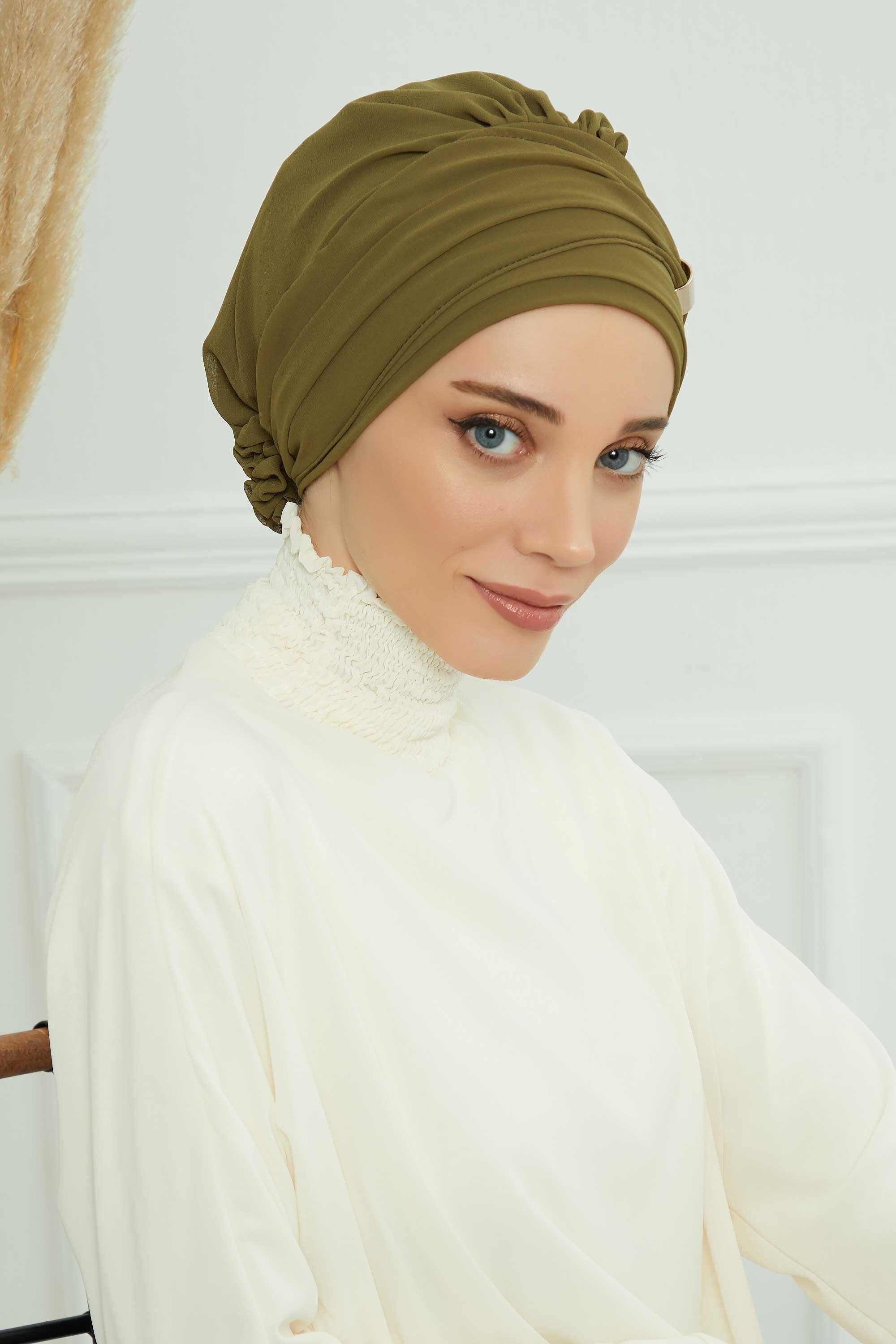 Chiffon Instant Turban with Sleek Gold Accent, Pre-Tied Hijab Cap for Women, Elegant Ready-to-Wear Modest Headwrap,HT-95S Army Green
