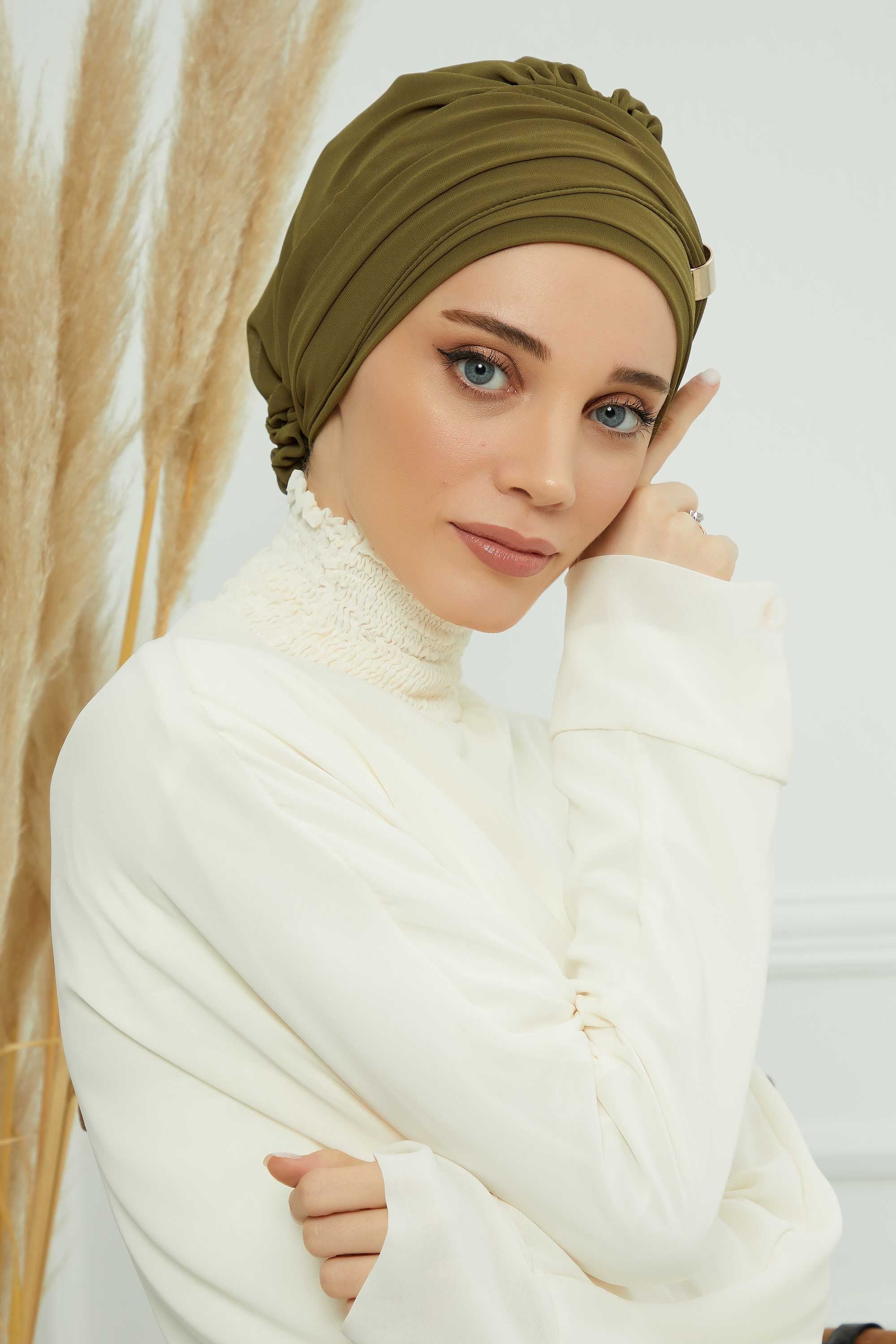 Chiffon Instant Turban with Sleek Gold Accent, Pre-Tied Hijab Cap for Women, Elegant Ready-to-Wear Modest Headwrap,HT-95S Army Green