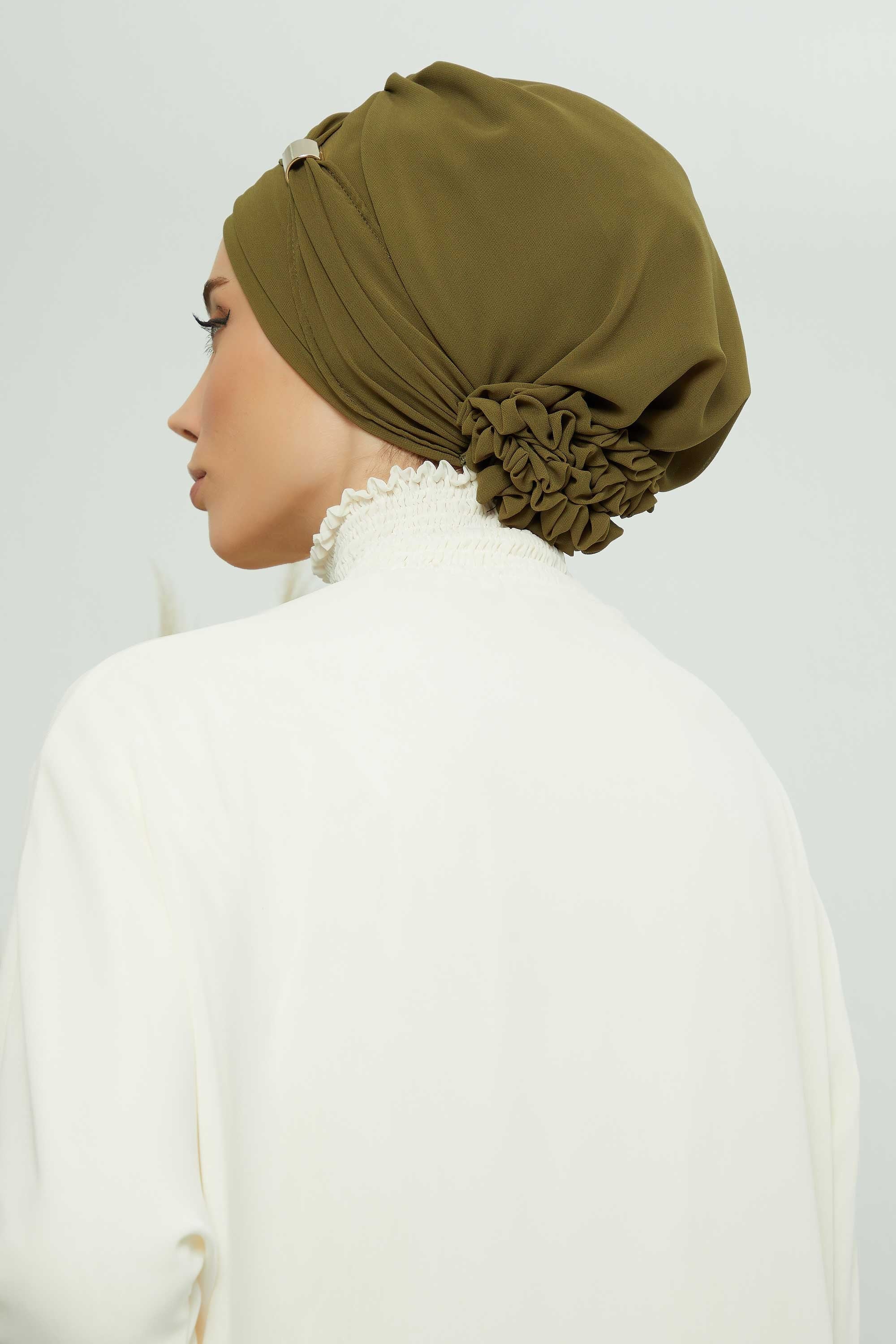 Chiffon Instant Turban with Sleek Gold Accent, Pre-Tied Hijab Cap for Women, Elegant Ready-to-Wear Modest Headwrap,HT-95S Army Green