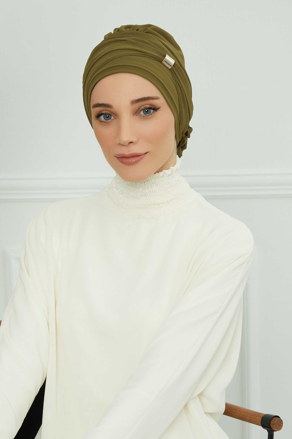 Chiffon Instant Turban with Sleek Gold Accent, Pre-Tied Hijab Cap for Women, Elegant Ready-to-Wear Modest Headwrap,HT-95S Army Green