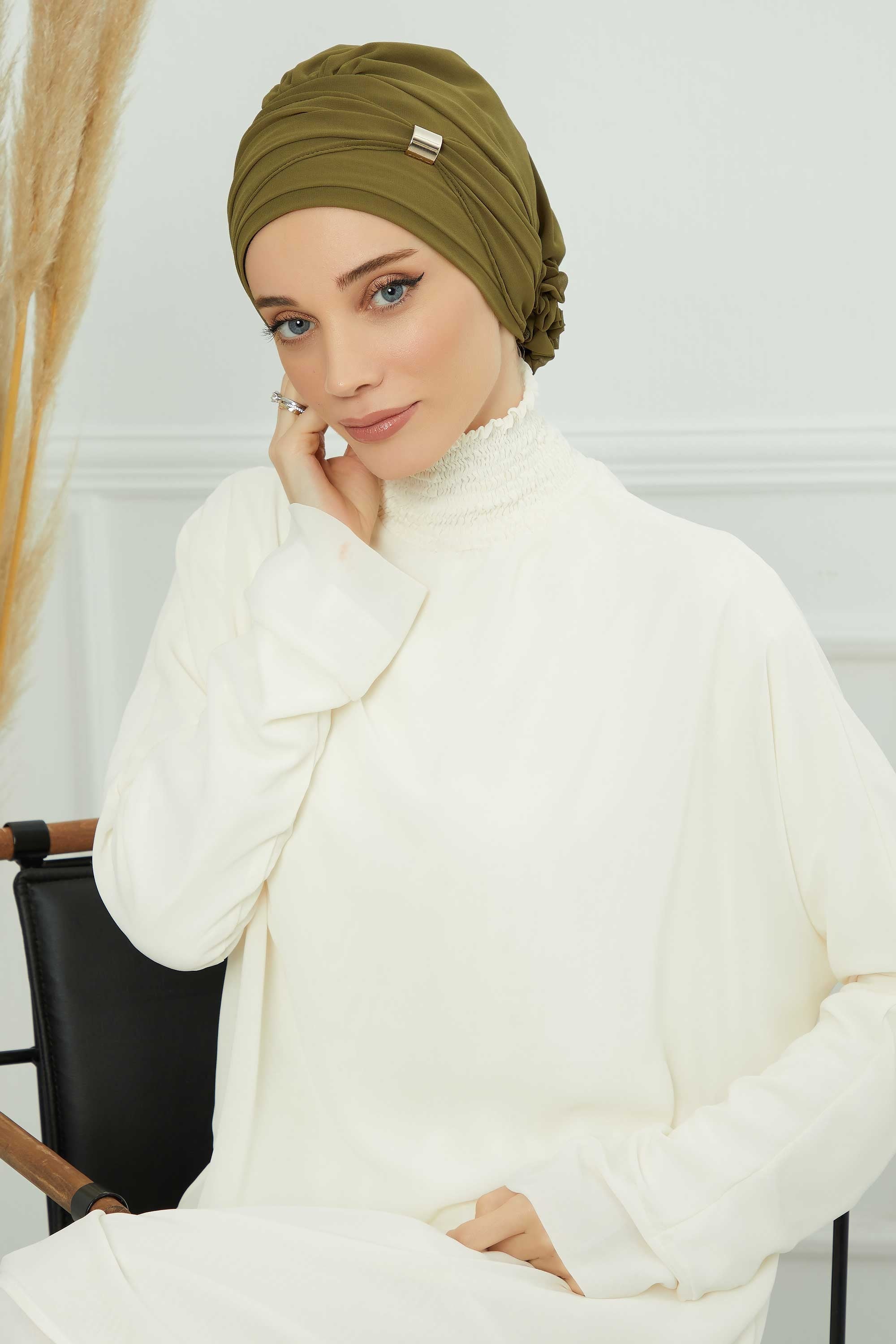 Chiffon Instant Turban with Sleek Gold Accent, Pre-Tied Hijab Cap for Women, Elegant Ready-to-Wear Modest Headwrap,HT-95S Army Green