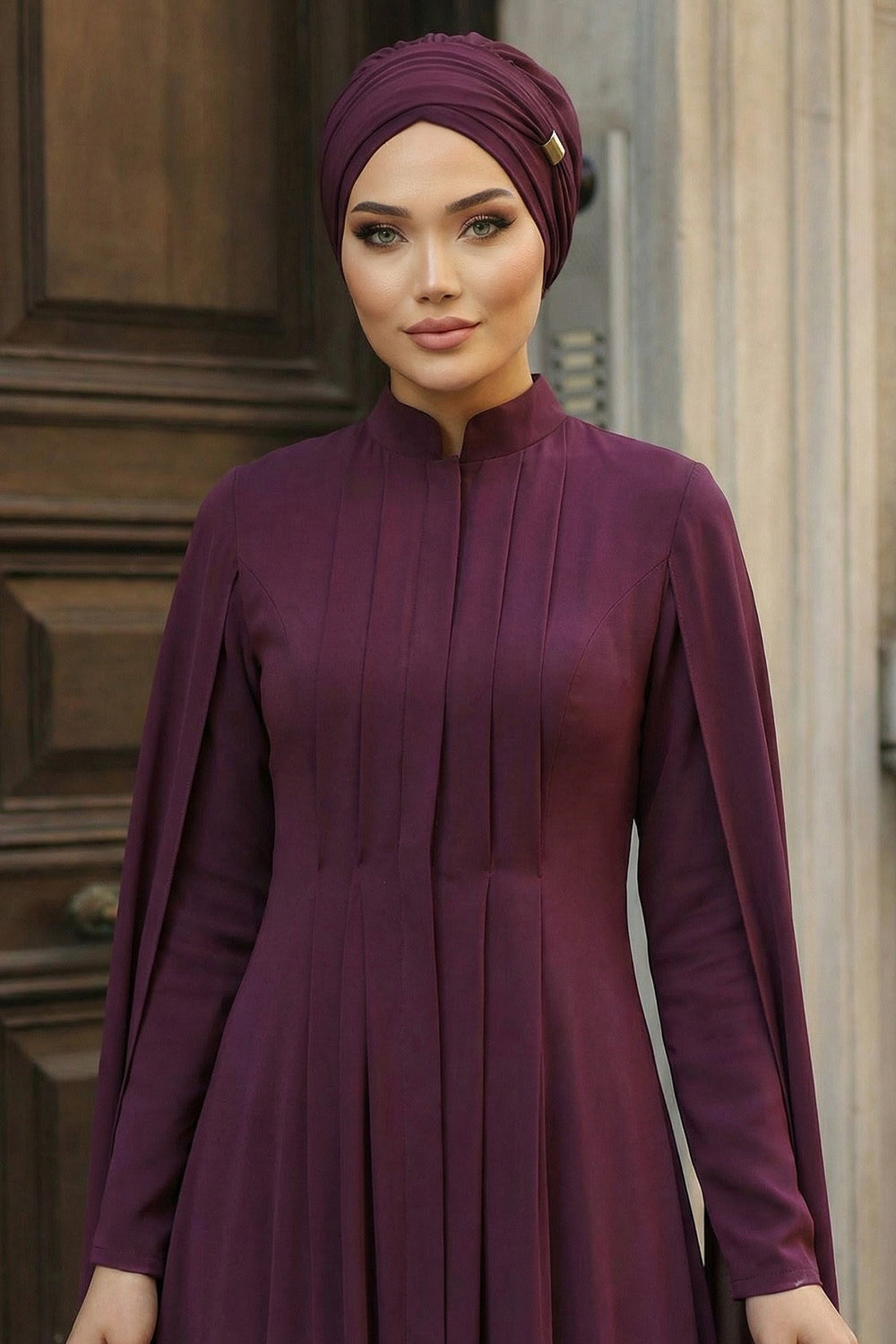 Chiffon Instant Turban with Sleek Gold Accent, Pre-Tied Hijab Cap for Women, Elegant Ready-to-Wear Modest Headwrap,HT-95S Damson