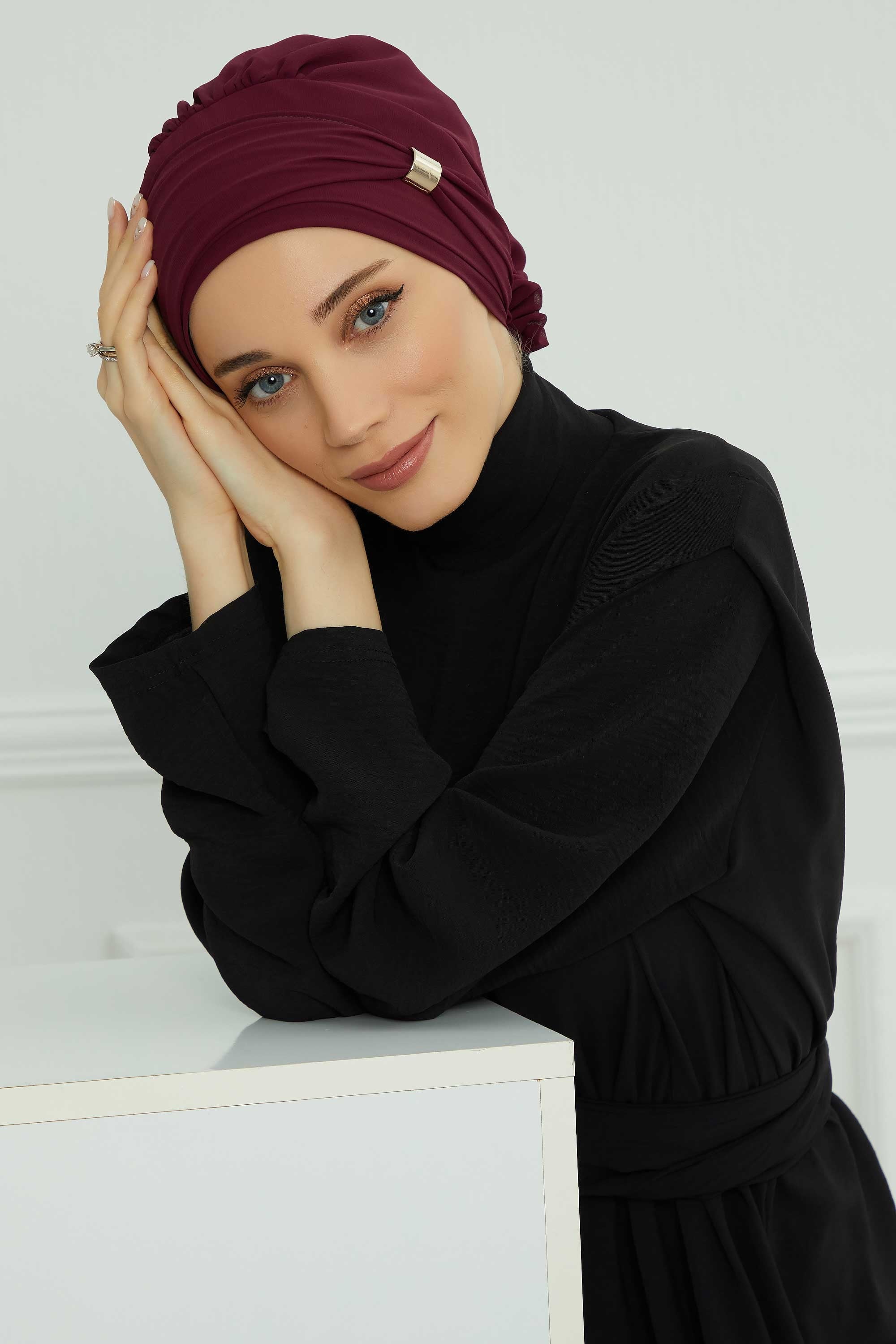 Chiffon Instant Turban with Sleek Gold Accent, Pre-Tied Hijab Cap for Women, Elegant Ready-to-Wear Modest Headwrap,HT-95S Damson