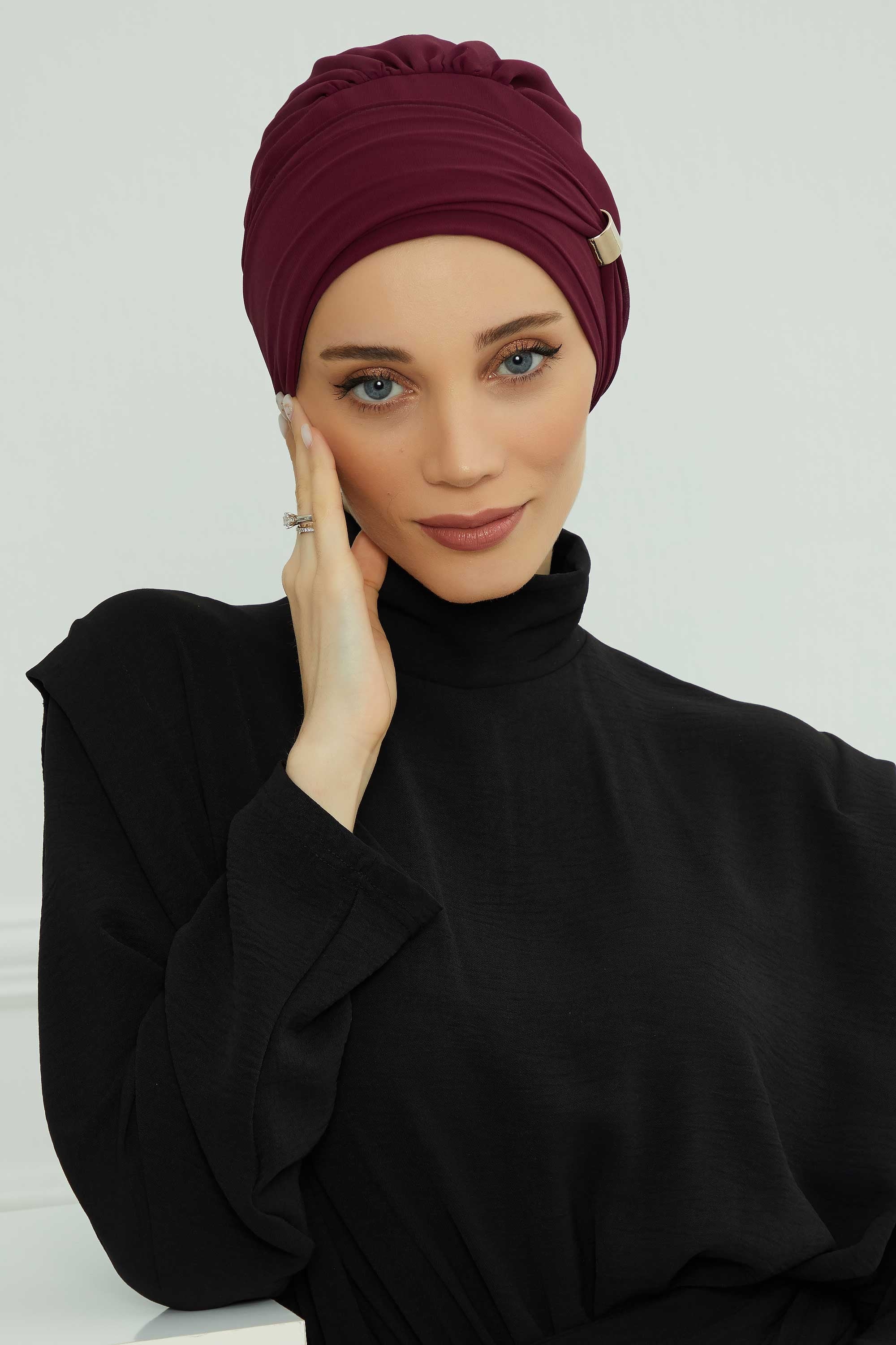 Chiffon Instant Turban with Sleek Gold Accent, Pre-Tied Hijab Cap for Women, Elegant Ready-to-Wear Modest Headwrap,HT-95S Damson