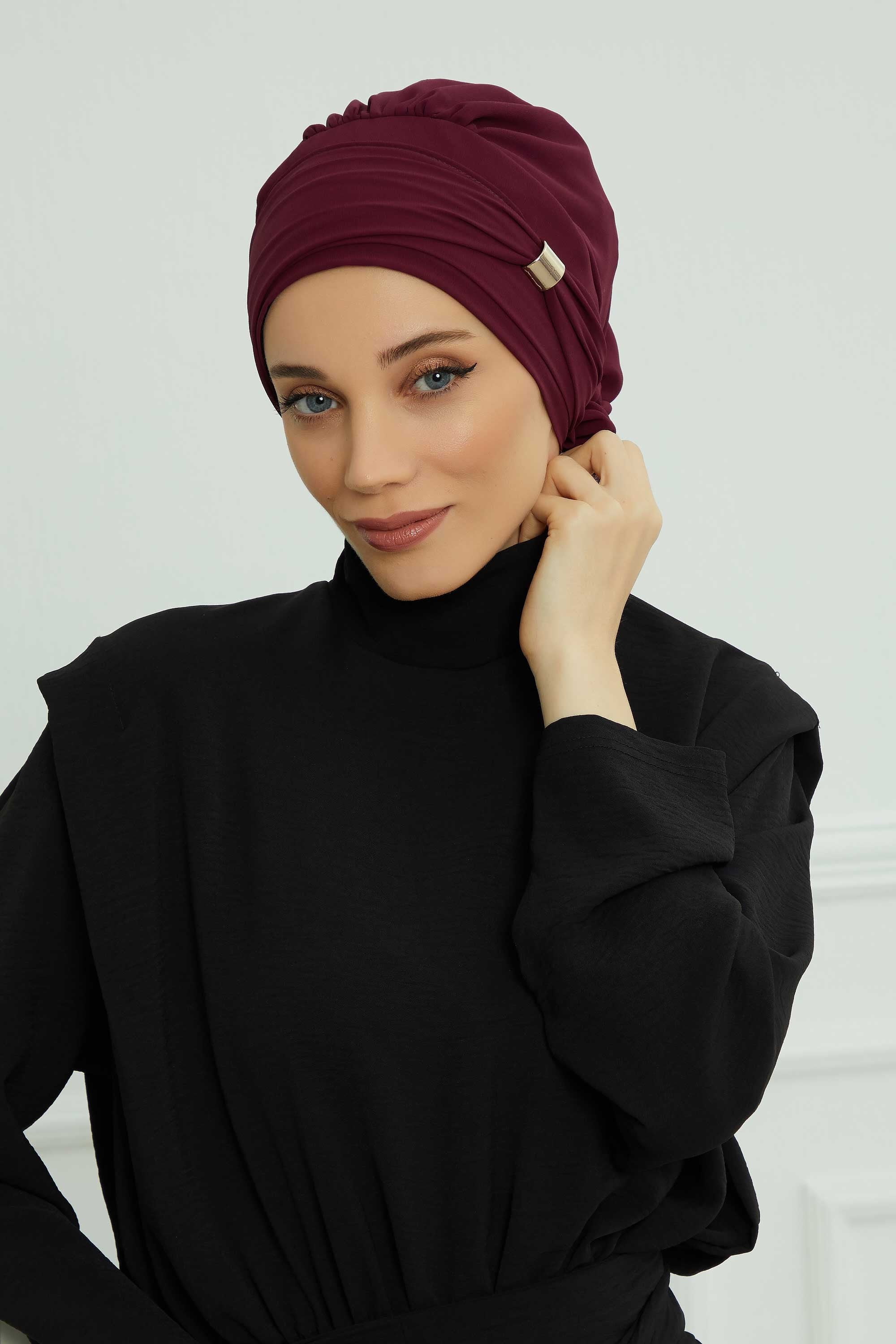 Chiffon Instant Turban with Sleek Gold Accent, Pre-Tied Hijab Cap for Women, Elegant Ready-to-Wear Modest Headwrap,HT-95S Damson