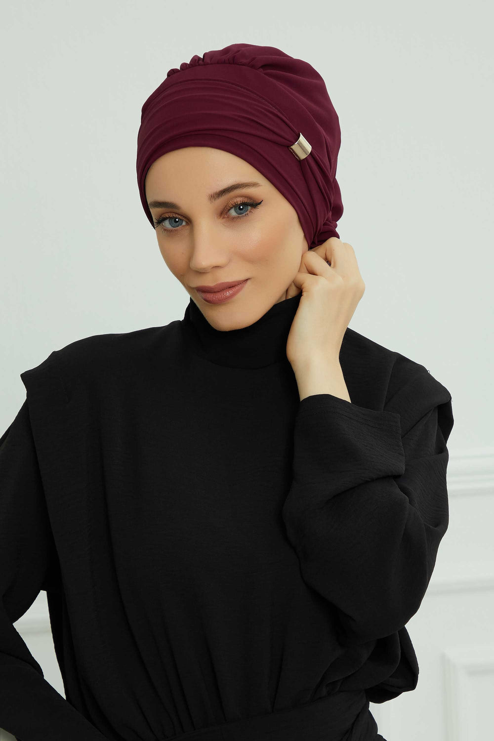 Chiffon Instant Turban with Sleek Gold Accent, Pre-Tied Hijab Cap for Women, Elegant Ready-to-Wear Modest Headwrap,HT-95S Damson