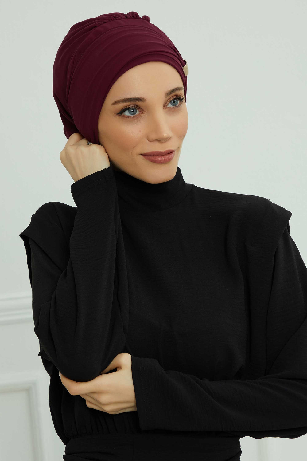 Chiffon Instant Turban with Sleek Gold Accent, Pre-Tied Hijab Cap for Women, Elegant Ready-to-Wear Modest Headwrap,HT-95S Damson