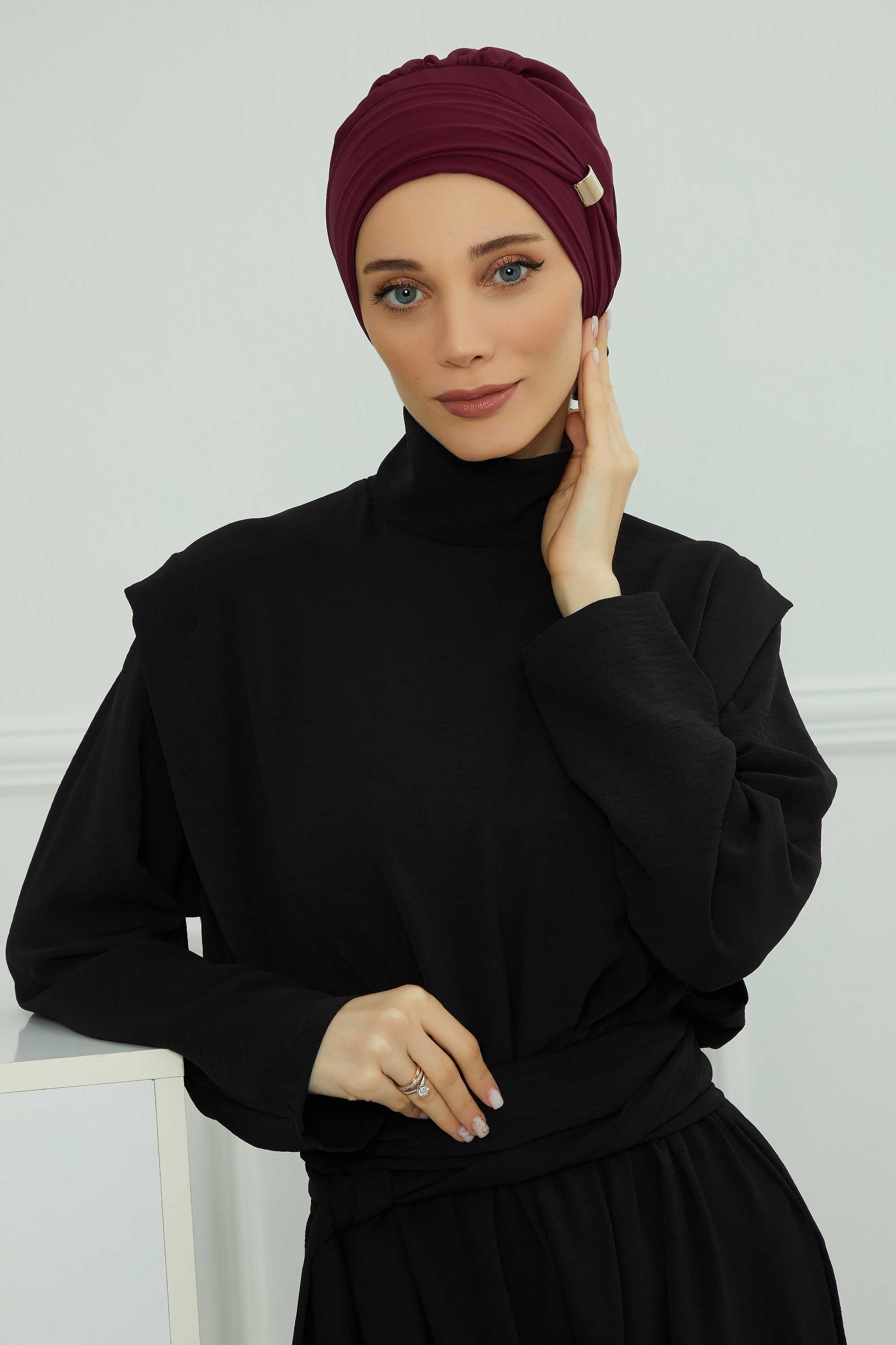Chiffon Instant Turban with Sleek Gold Accent, Pre-Tied Hijab Cap for Women, Elegant Ready-to-Wear Modest Headwrap,HT-95S Damson