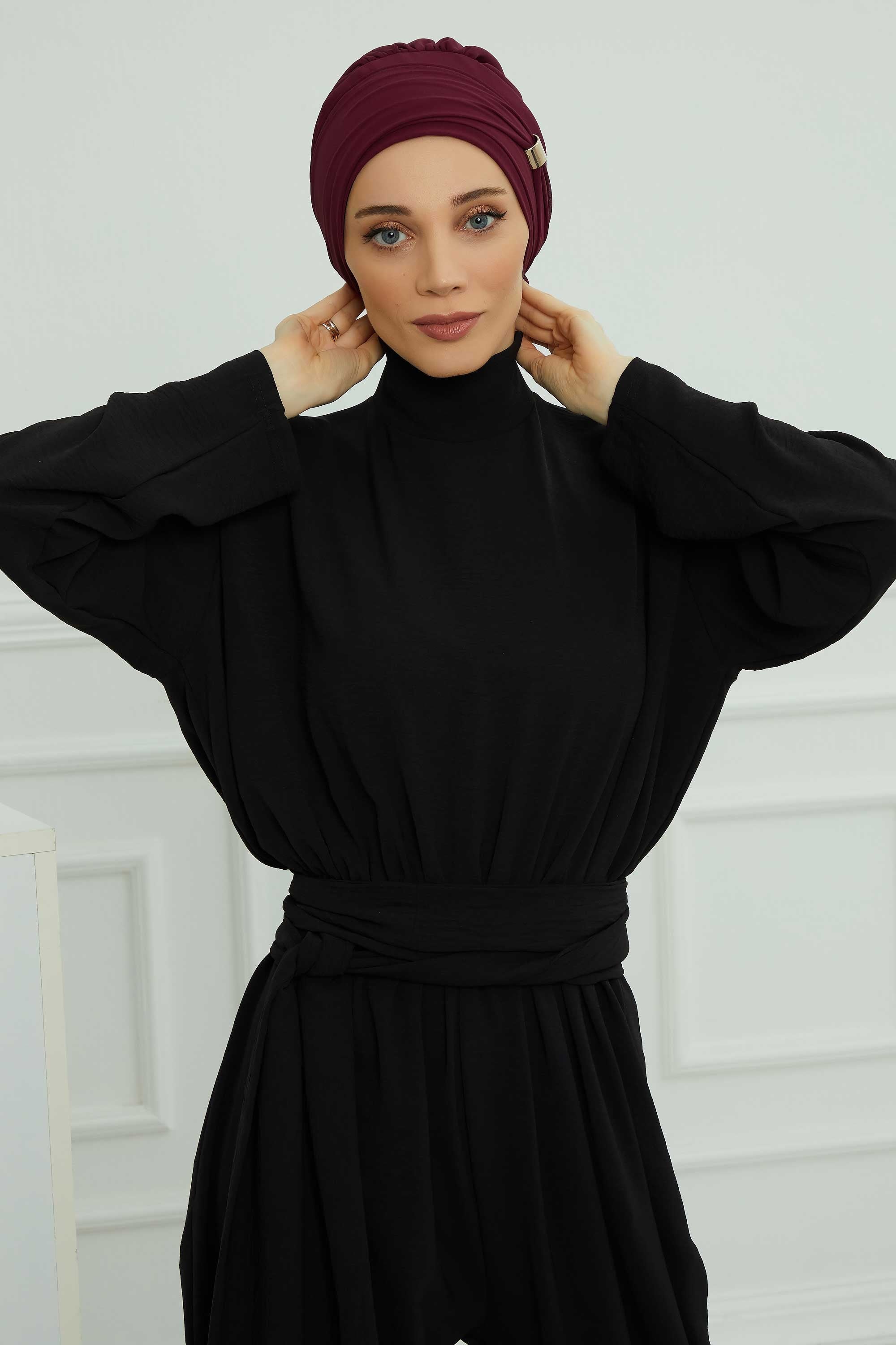 Chiffon Instant Turban with Sleek Gold Accent, Pre-Tied Hijab Cap for Women, Elegant Ready-to-Wear Modest Headwrap,HT-95S Damson