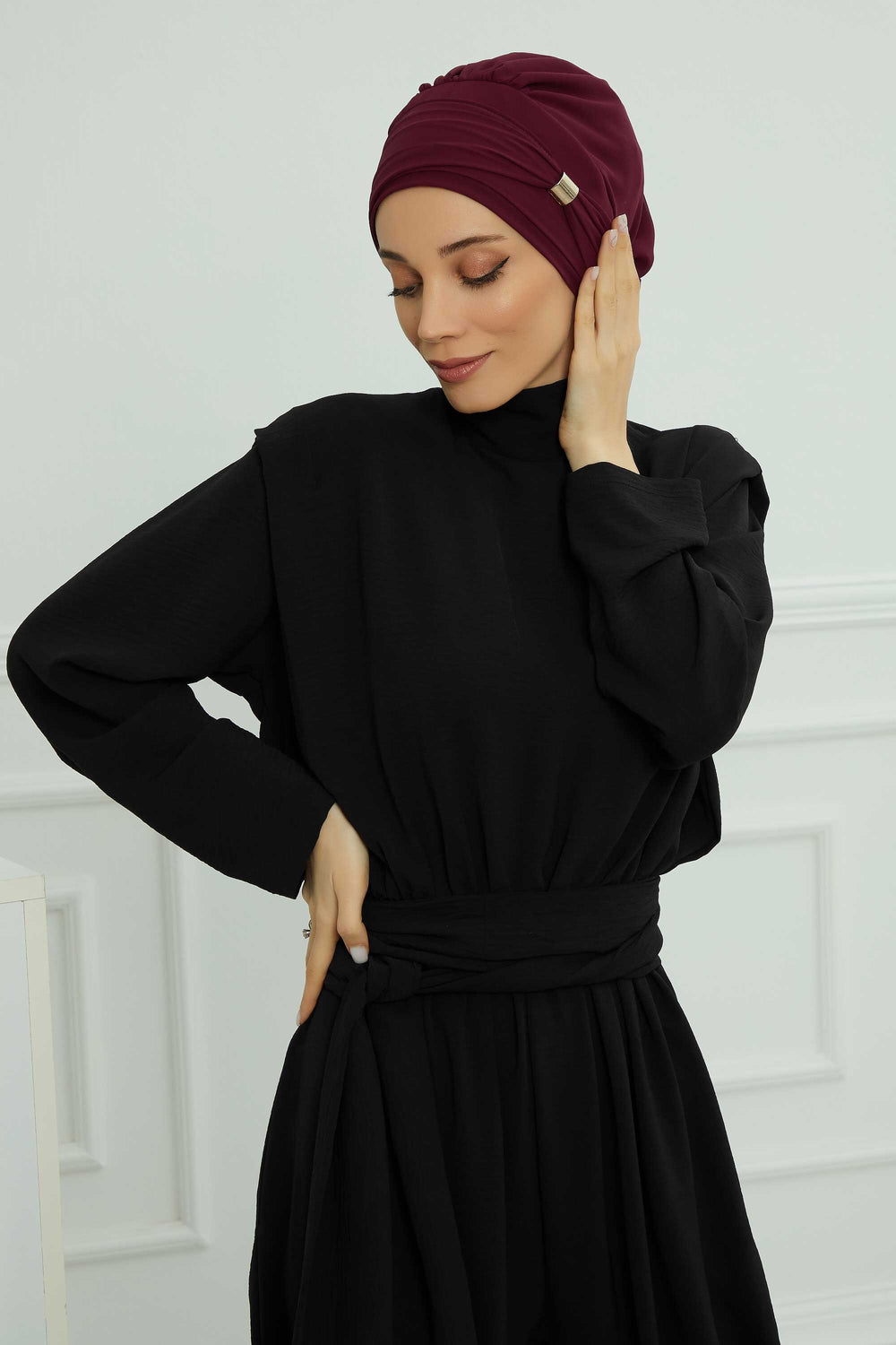 Chiffon Instant Turban with Sleek Gold Accent, Pre-Tied Hijab Cap for Women, Elegant Ready-to-Wear Modest Headwrap,HT-95S Damson