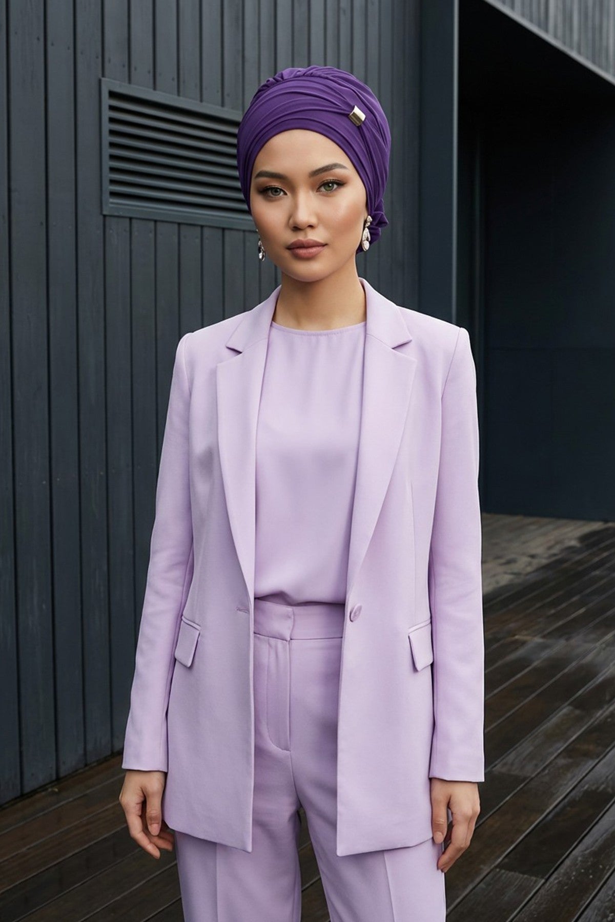 Chiffon Instant Turban with Sleek Gold Accent, Pre-Tied Hijab Cap for Women, Elegant Ready-to-Wear Modest Headwrap,HT-95S Purple