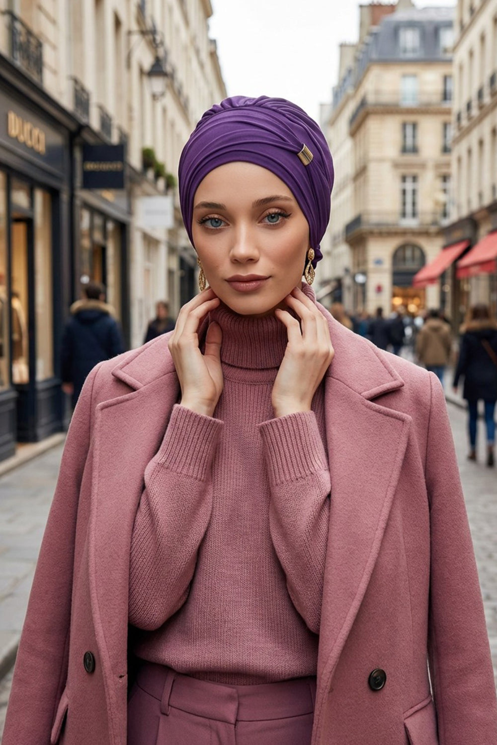 Chiffon Instant Turban with Sleek Gold Accent, Pre-Tied Hijab Cap for Women, Elegant Ready-to-Wear Modest Headwrap,HT-95S Purple