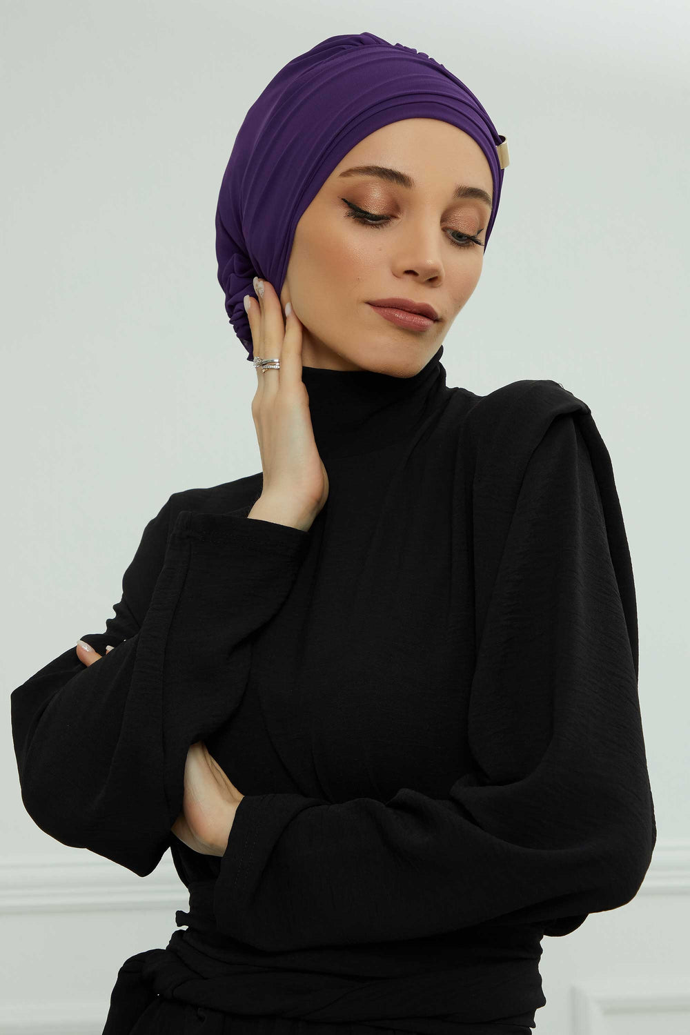 Chiffon Instant Turban with Sleek Gold Accent, Pre-Tied Hijab Cap for Women, Elegant Ready-to-Wear Modest Headwrap,HT-95S Purple