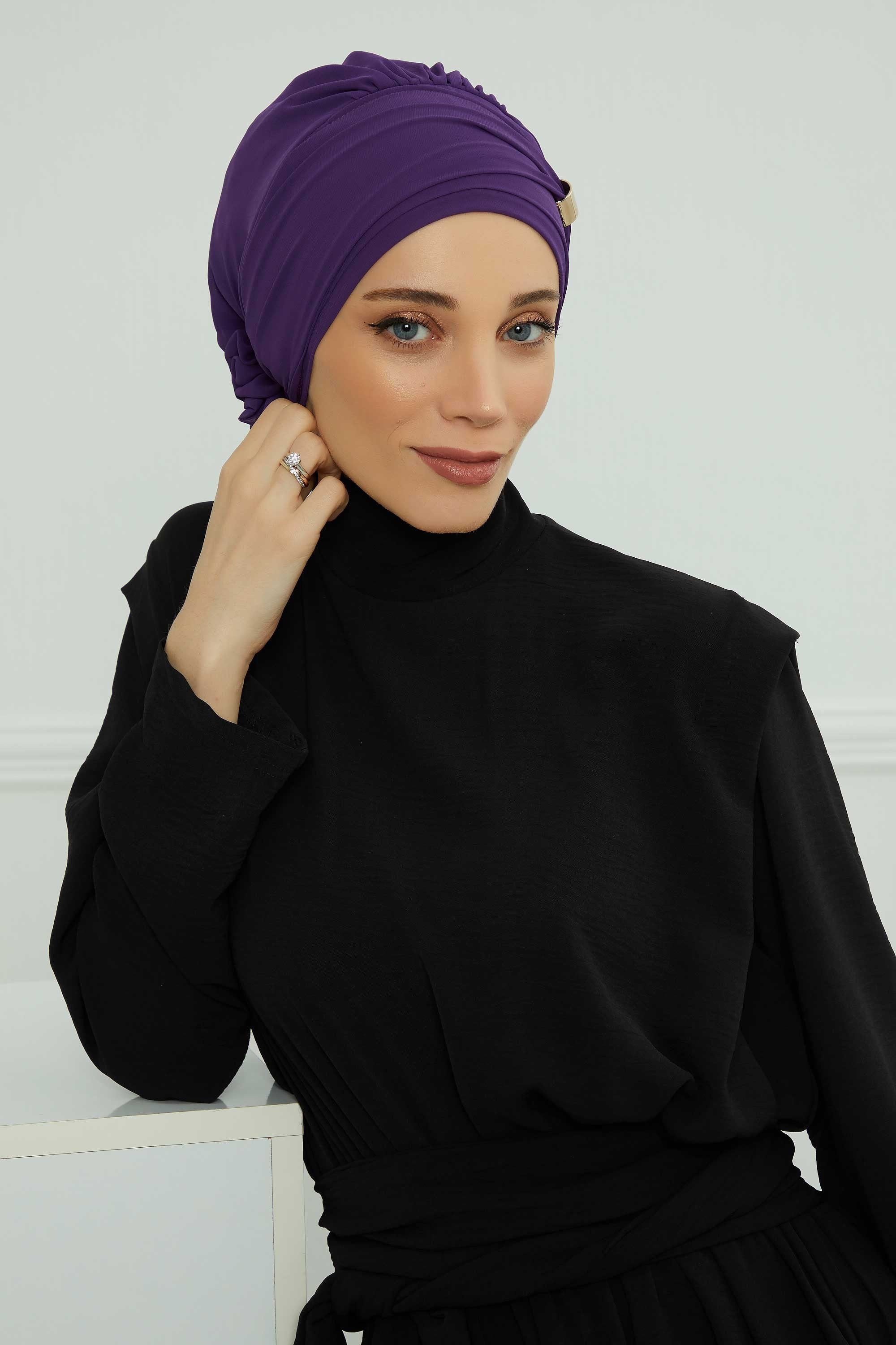 Chiffon Instant Turban with Sleek Gold Accent, Pre-Tied Hijab Cap for Women, Elegant Ready-to-Wear Modest Headwrap,HT-95S Purple