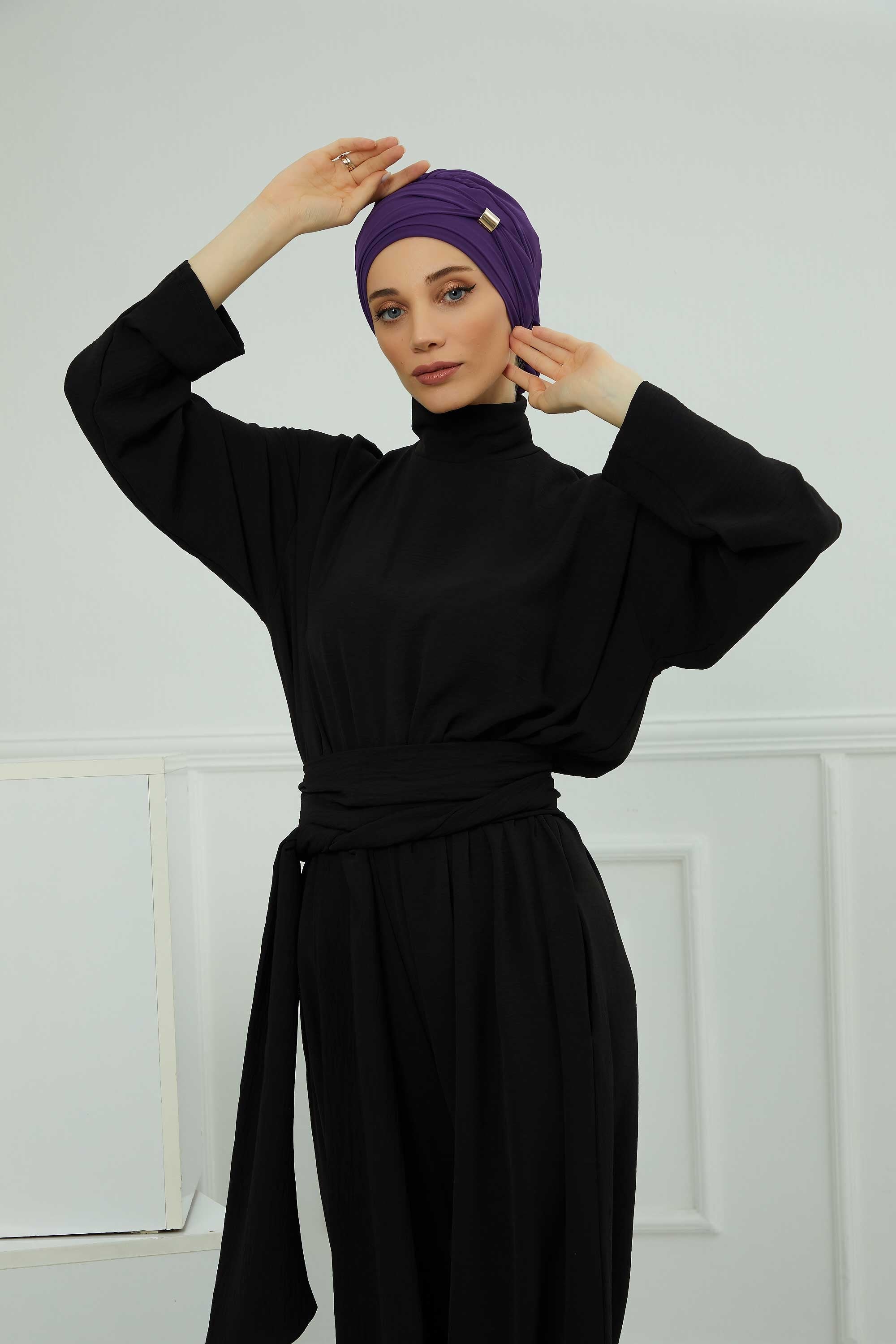 Chiffon Instant Turban with Sleek Gold Accent, Pre-Tied Hijab Cap for Women, Elegant Ready-to-Wear Modest Headwrap,HT-95S Purple