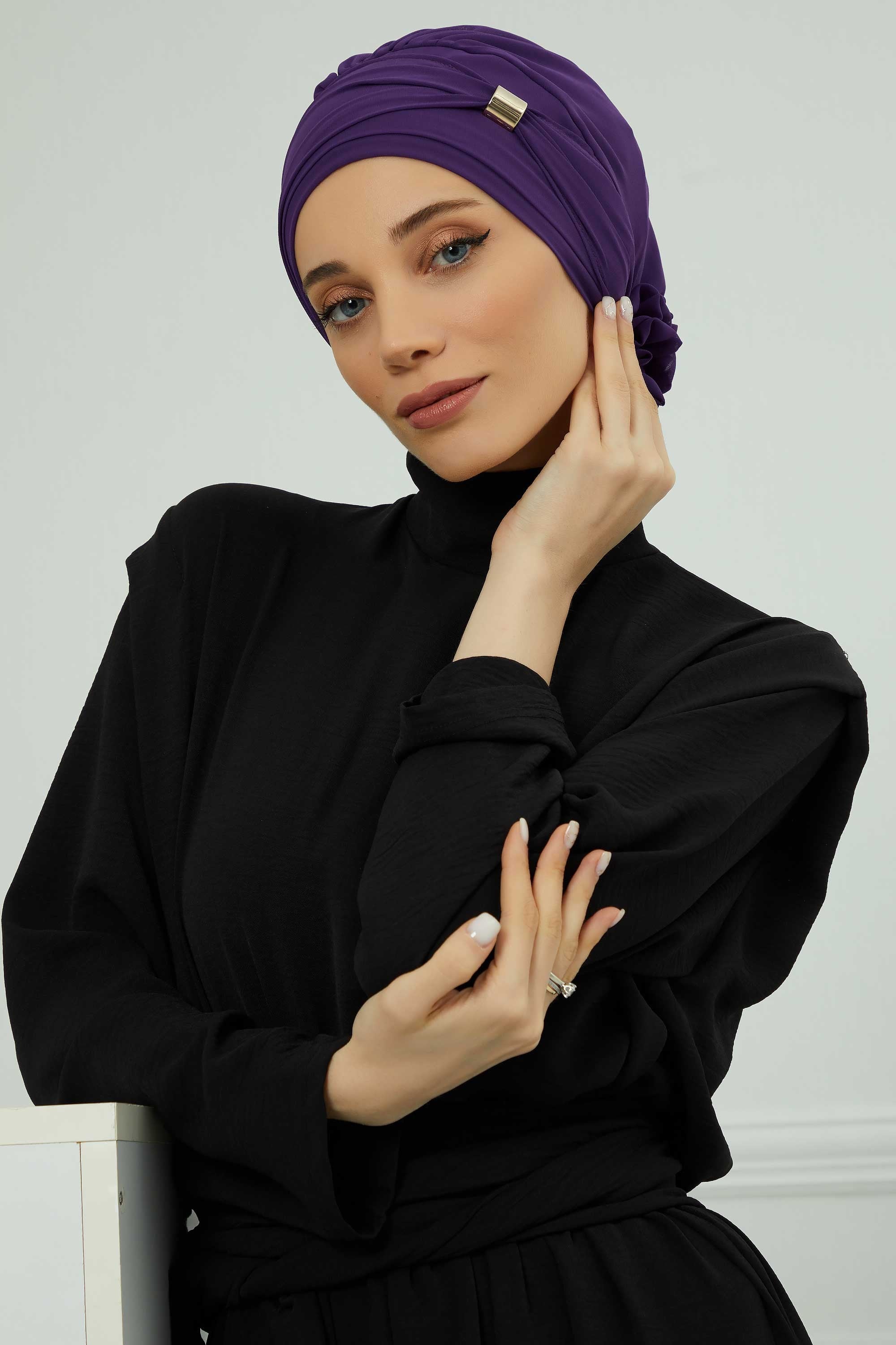 Chiffon Instant Turban with Sleek Gold Accent, Pre-Tied Hijab Cap for Women, Elegant Ready-to-Wear Modest Headwrap,HT-95S Purple