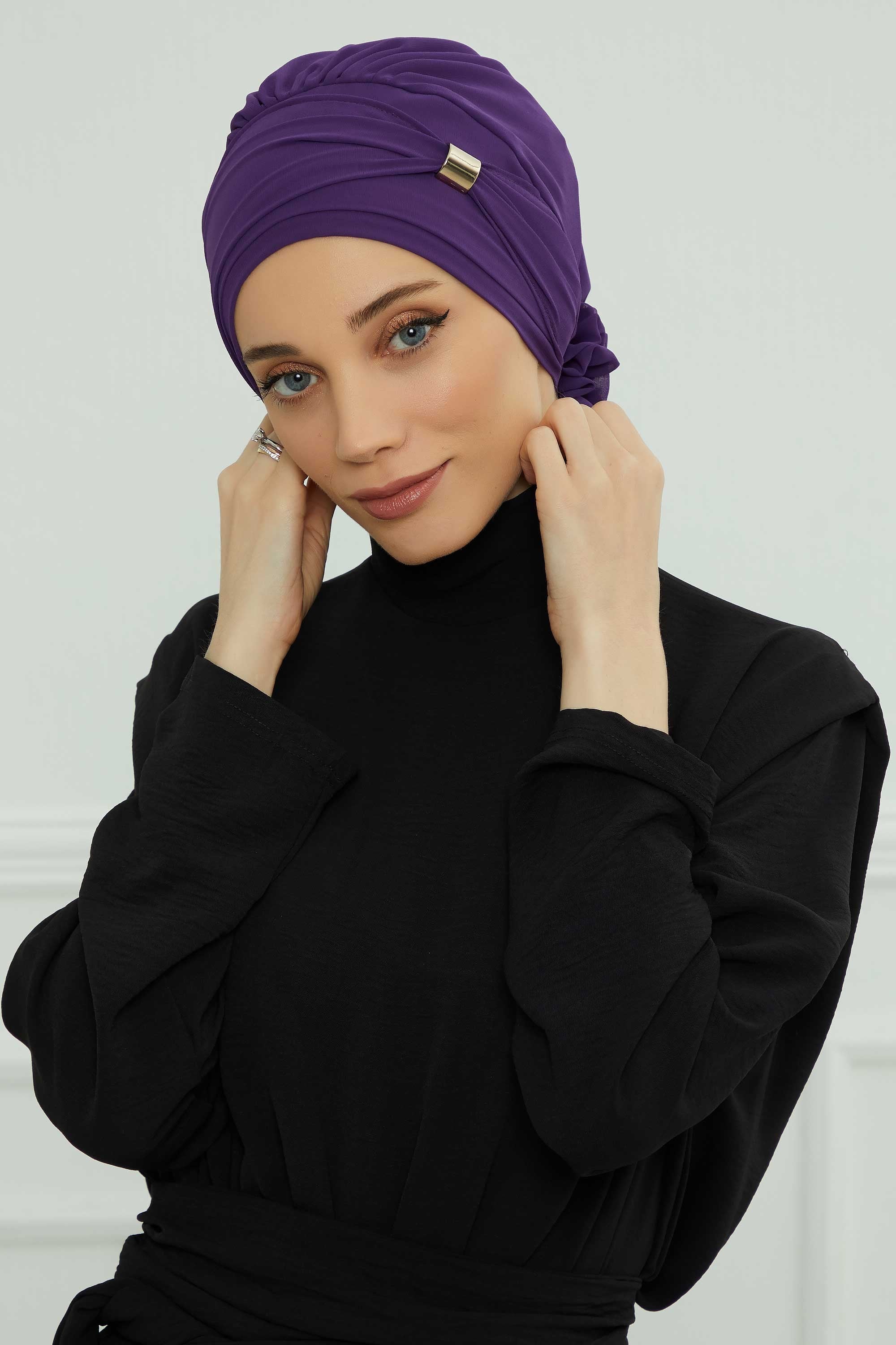 Chiffon Instant Turban with Sleek Gold Accent, Pre-Tied Hijab Cap for Women, Elegant Ready-to-Wear Modest Headwrap,HT-95S Purple