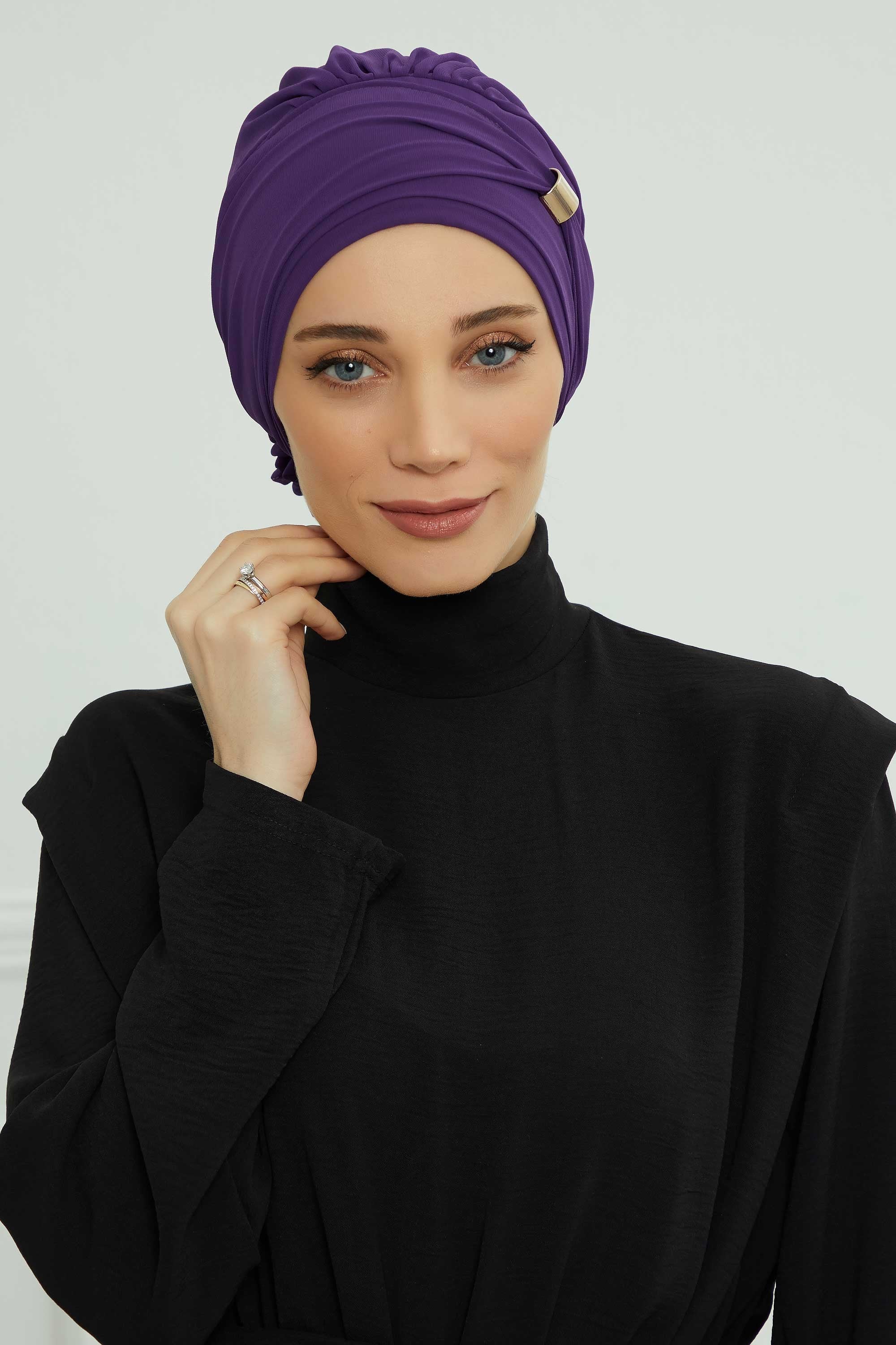 Chiffon Instant Turban with Sleek Gold Accent, Pre-Tied Hijab Cap for Women, Elegant Ready-to-Wear Modest Headwrap,HT-95S Purple