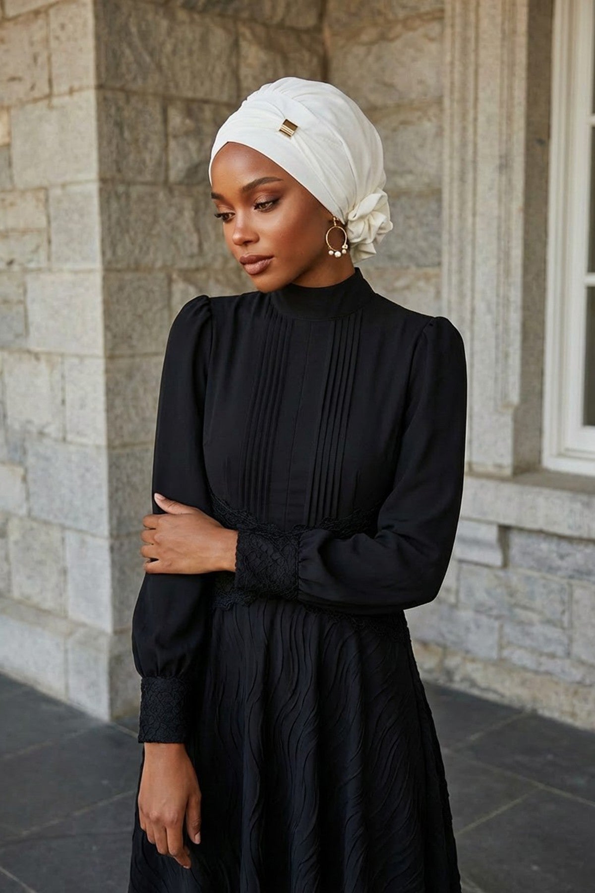 Chiffon Instant Turban with Sleek Gold Accent, Pre-Tied Hijab Cap for Women, Elegant Ready-to-Wear Modest Headwrap,HT-95S Ivory