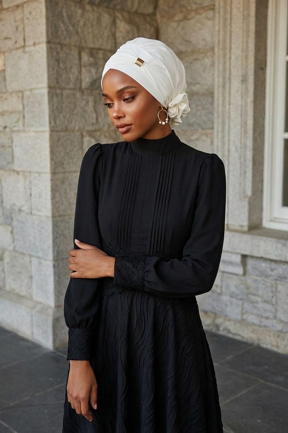 Chiffon Instant Turban with Sleek Gold Accent, Pre-Tied Hijab Cap for Women, Elegant Ready-to-Wear Modest Headwrap,HT-95S Ivory