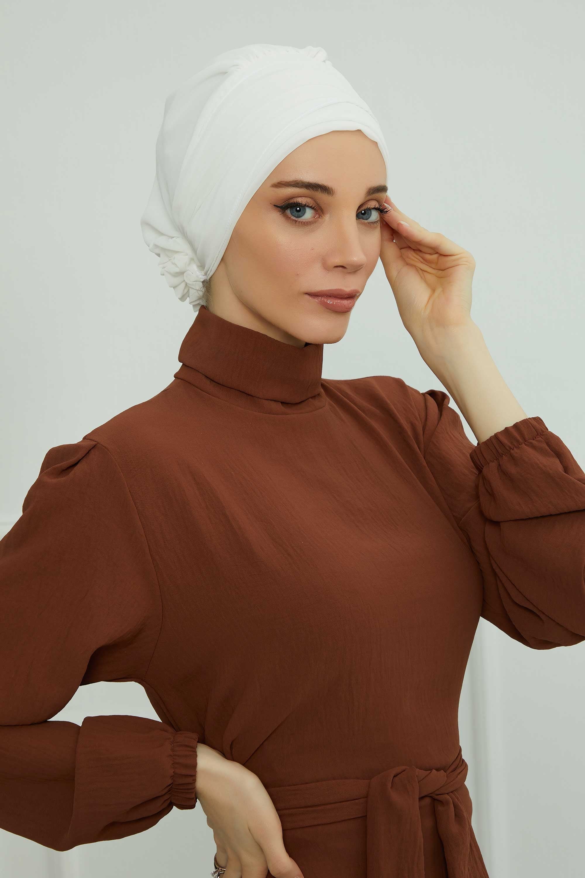 Chiffon Instant Turban with Sleek Gold Accent, Pre-Tied Hijab Cap for Women, Elegant Ready-to-Wear Modest Headwrap,HT-95S Ivory