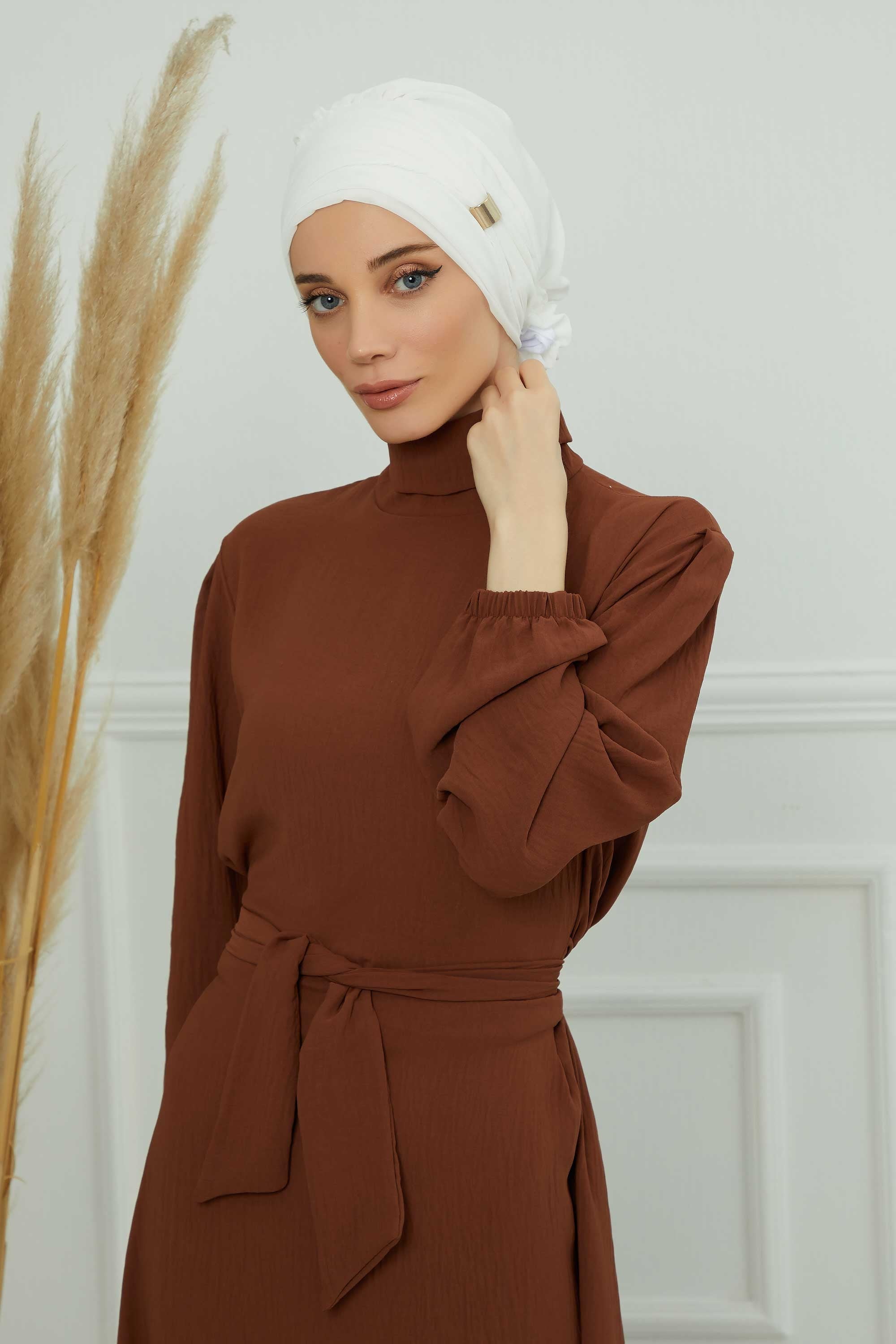 Chiffon Instant Turban with Sleek Gold Accent, Pre-Tied Hijab Cap for Women, Elegant Ready-to-Wear Modest Headwrap,HT-95S Ivory