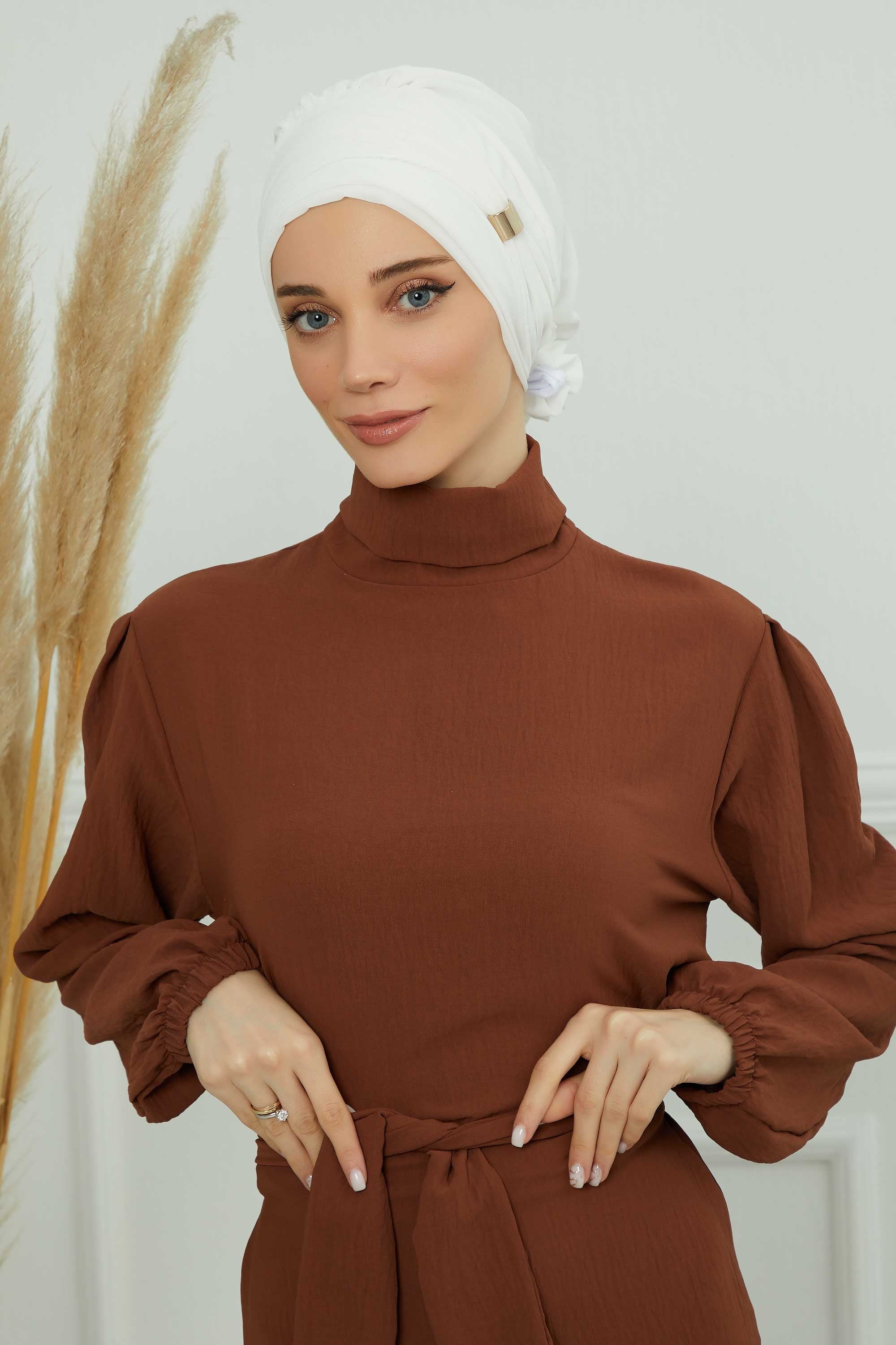 Chiffon Instant Turban with Sleek Gold Accent, Pre-Tied Hijab Cap for Women, Elegant Ready-to-Wear Modest Headwrap,HT-95S Ivory