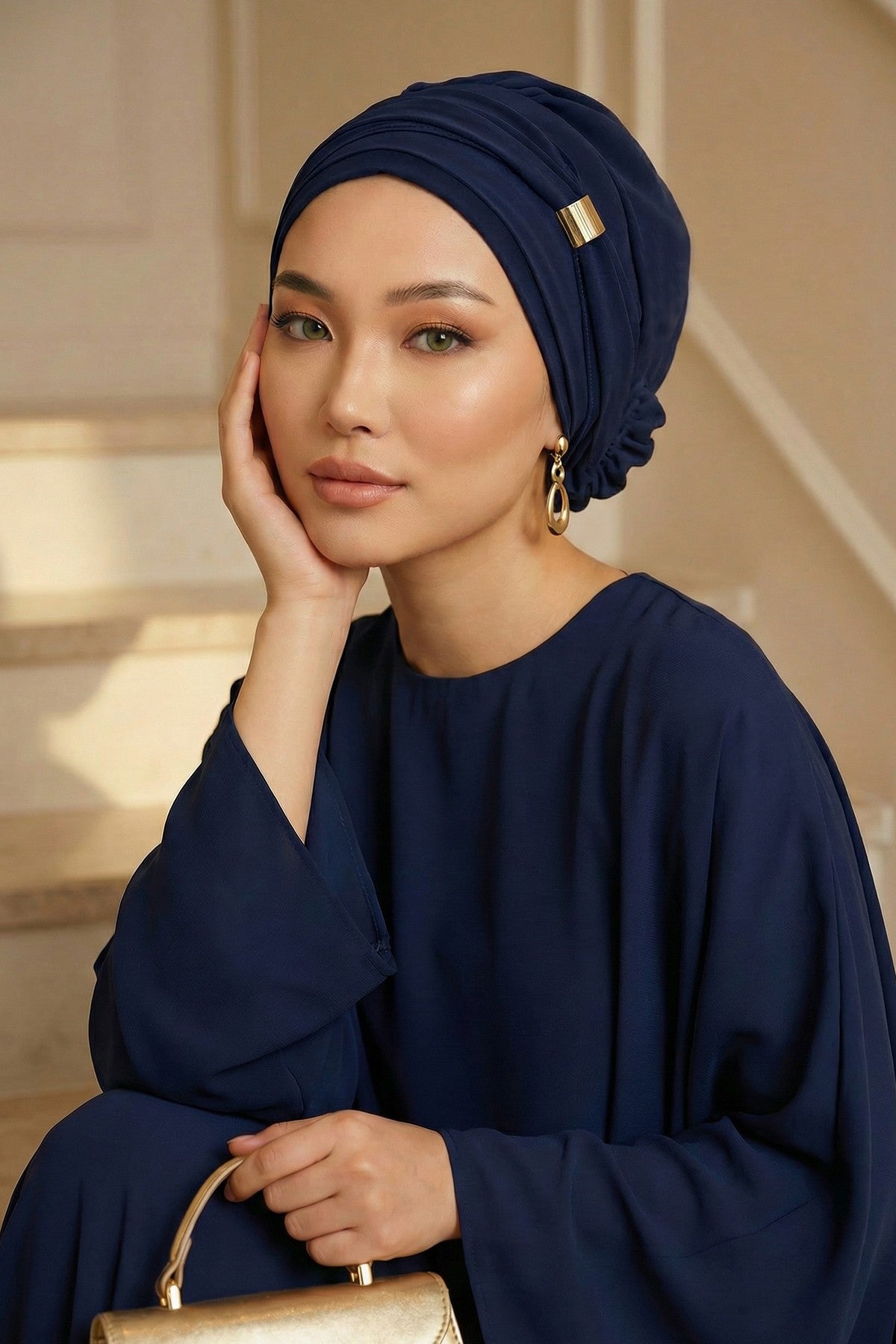 Chiffon Instant Turban with Sleek Gold Accent, Pre-Tied Hijab Cap for Women, Elegant Ready-to-Wear Modest Headwrap,HT-95S Navy Blue